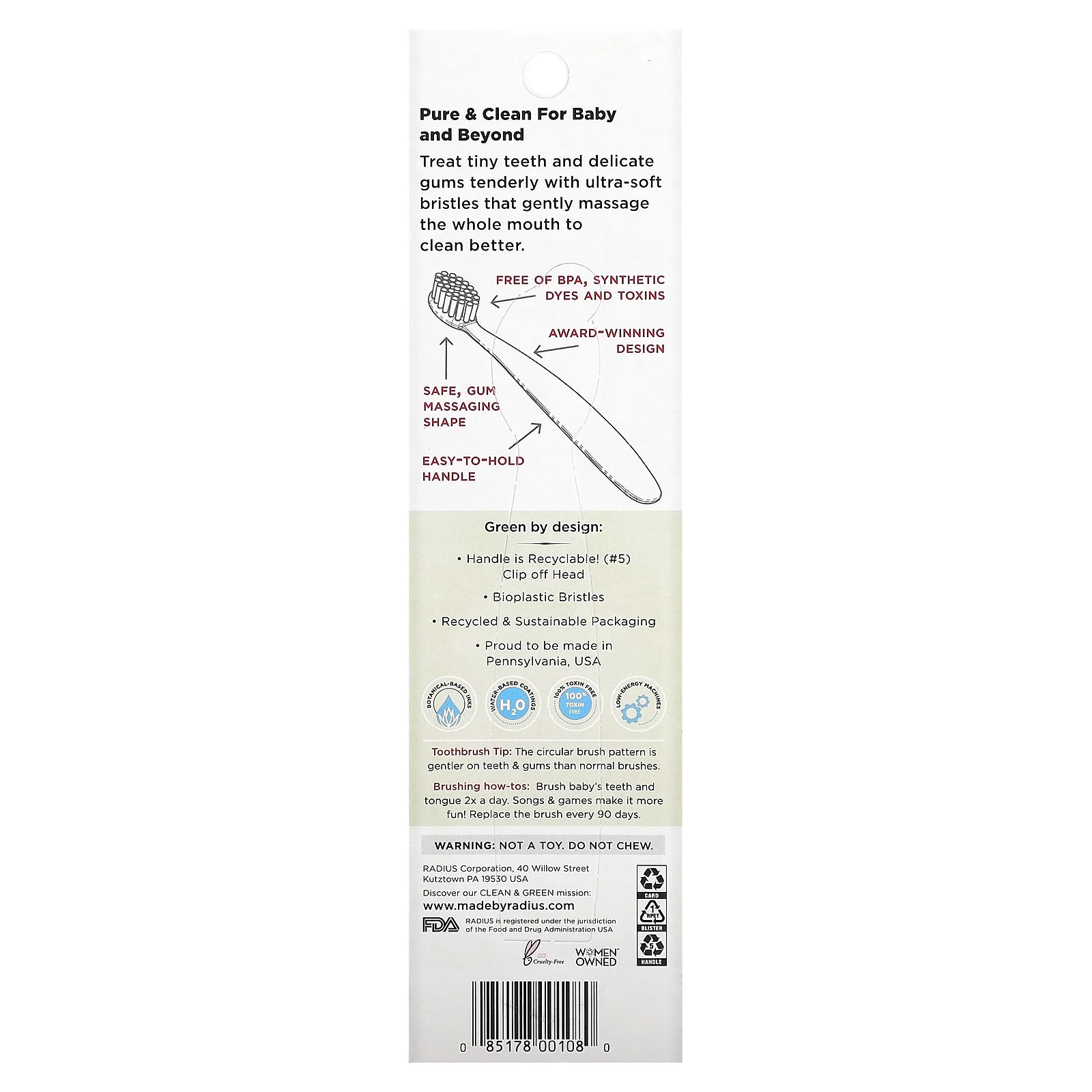 RADIUS, Pure Brush для детей старше 6 месяцев, для сверхчувствительных десен, 1 зубная щетка