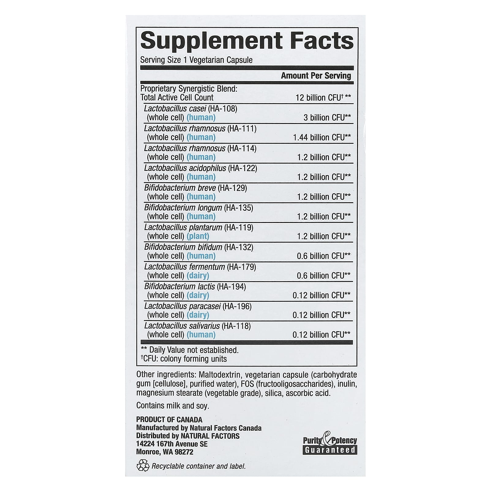 Natural Factors, Лучший пробиотик, формула 12/12, 12 миллиардов, 60 вегетарианских капсул