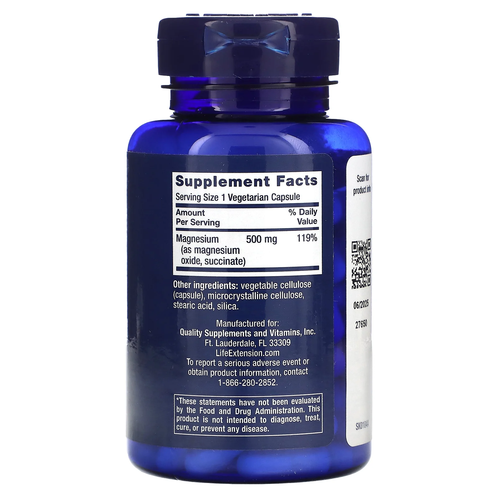 Life Extension, Магний в капсулах, 500 мг, 100 вегетарианских капсул