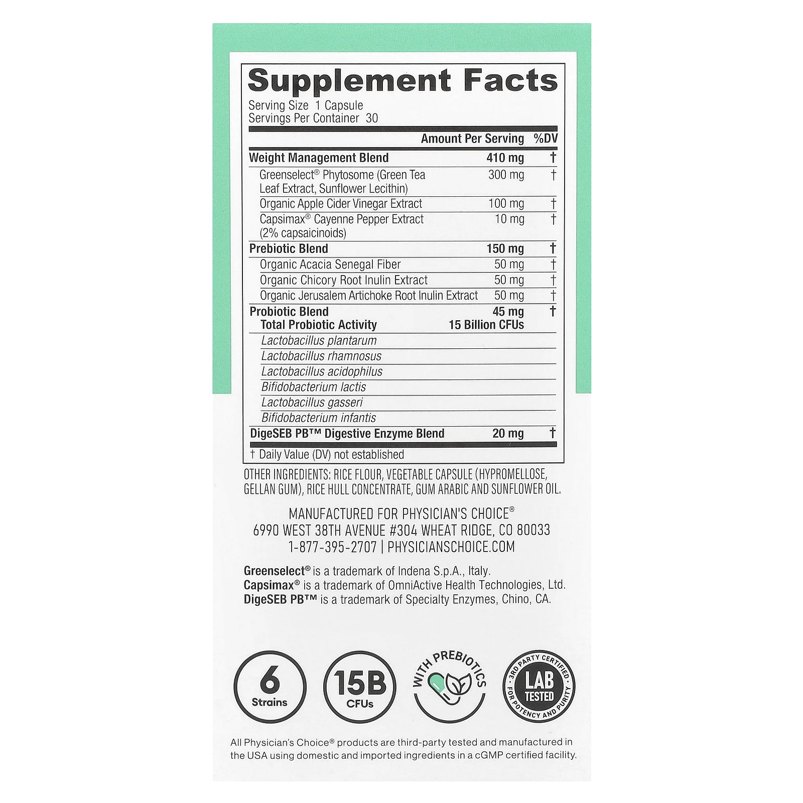 Physician's Choice, Thin 30, пробиотики, 15 млрд, 30 вегетарианских капсул с отсроченным высвобождением