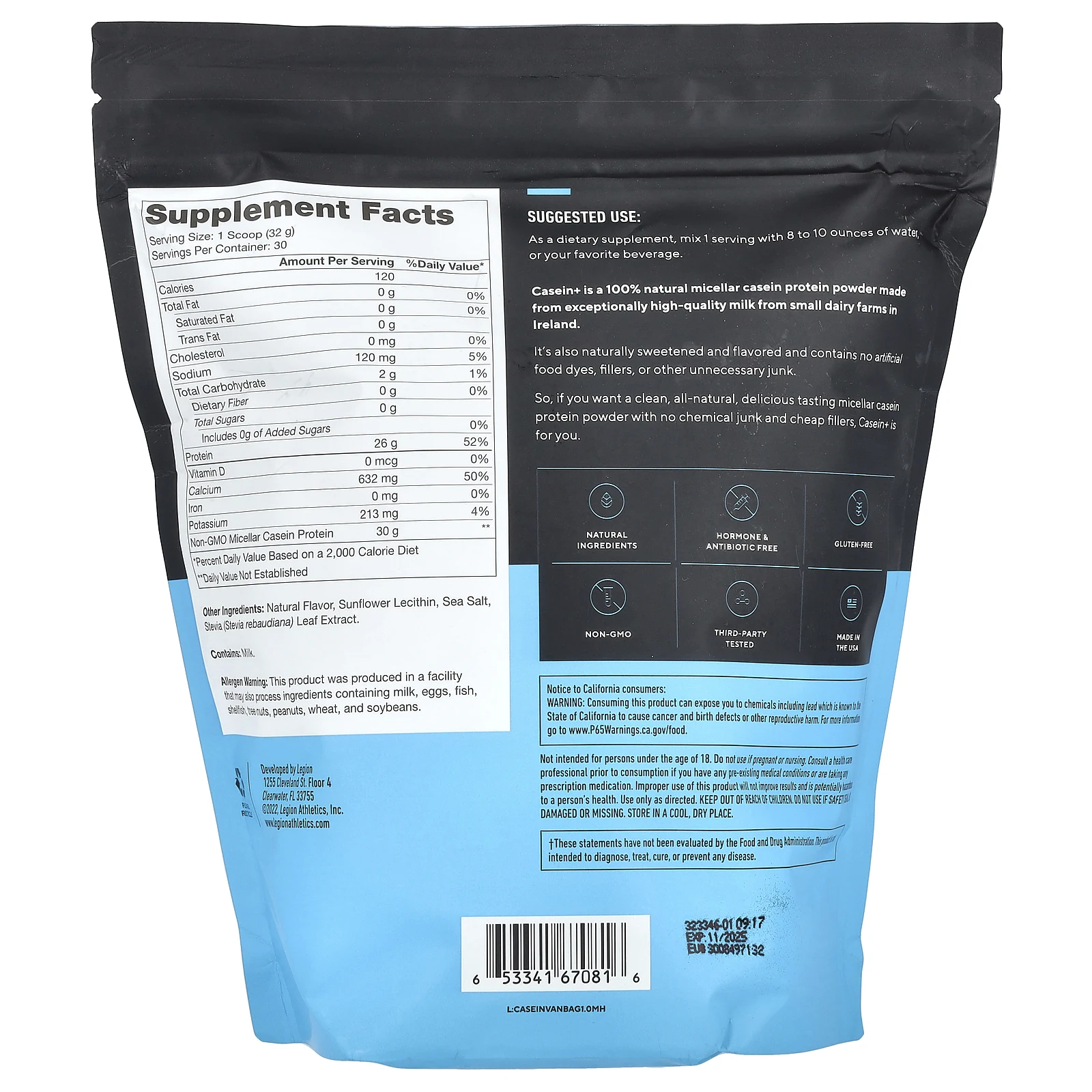 Legion Athletics, Casein +, казеиновый протеиновый порошок, французская ваниль, 960 г (2,11 фунта)