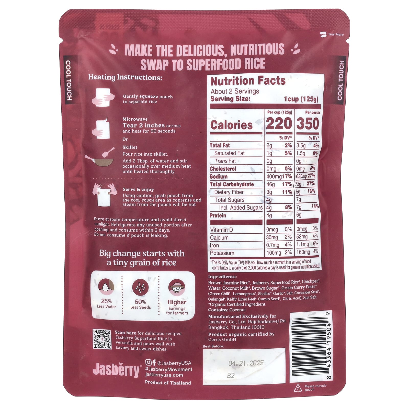 Jasberry, Organic Superfood Rice, зеленый карри с нутом, 200 г (7,05 унции)