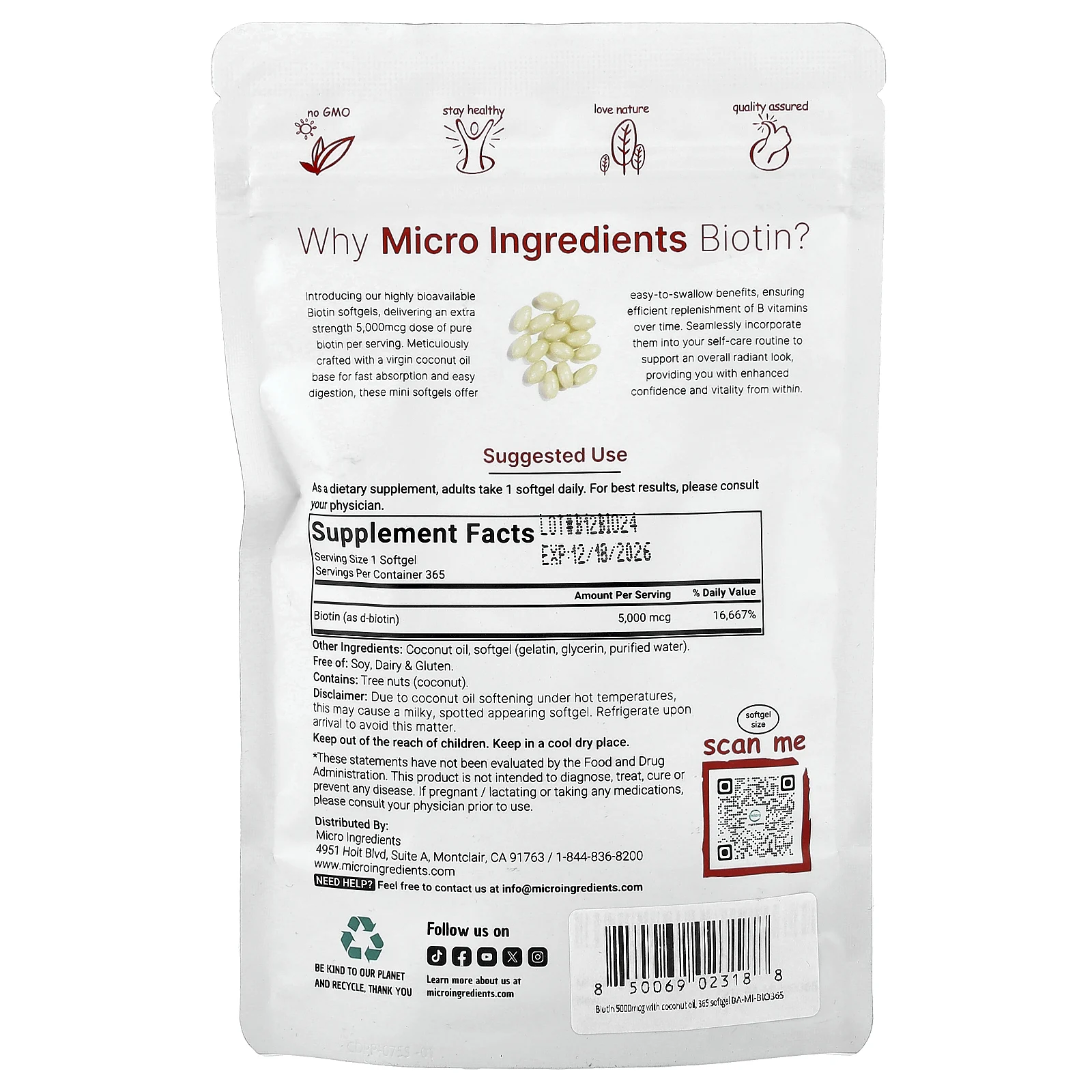 Micro Ingredients, Биотин, 5000 мкг, 365 капсул