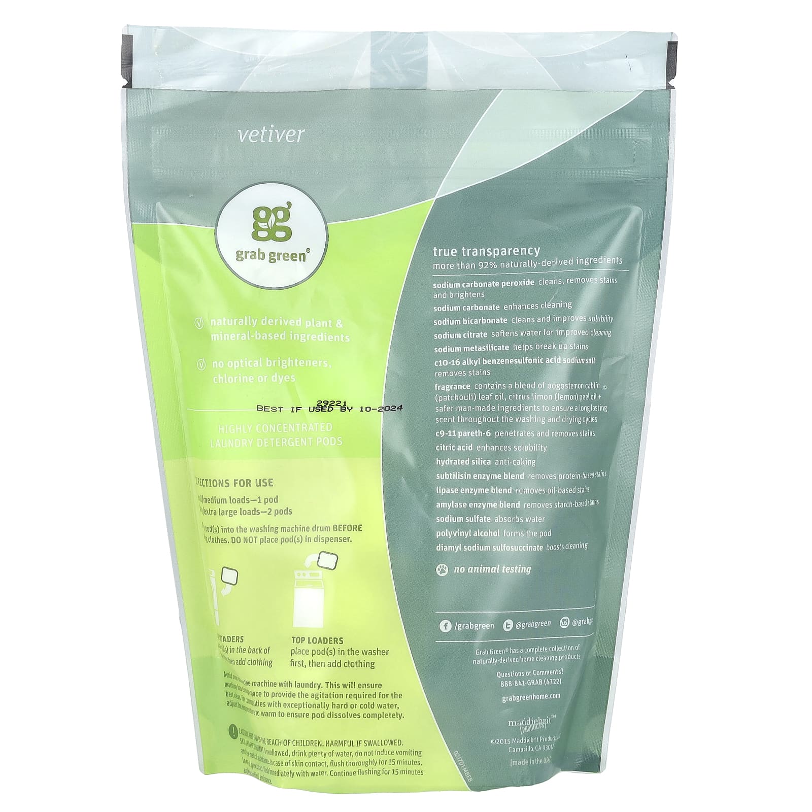 Grab Green, стиральный порошок в капсулах 3-в-1, ветивер, 24 загрузки, 384 г (13,5 унции)
