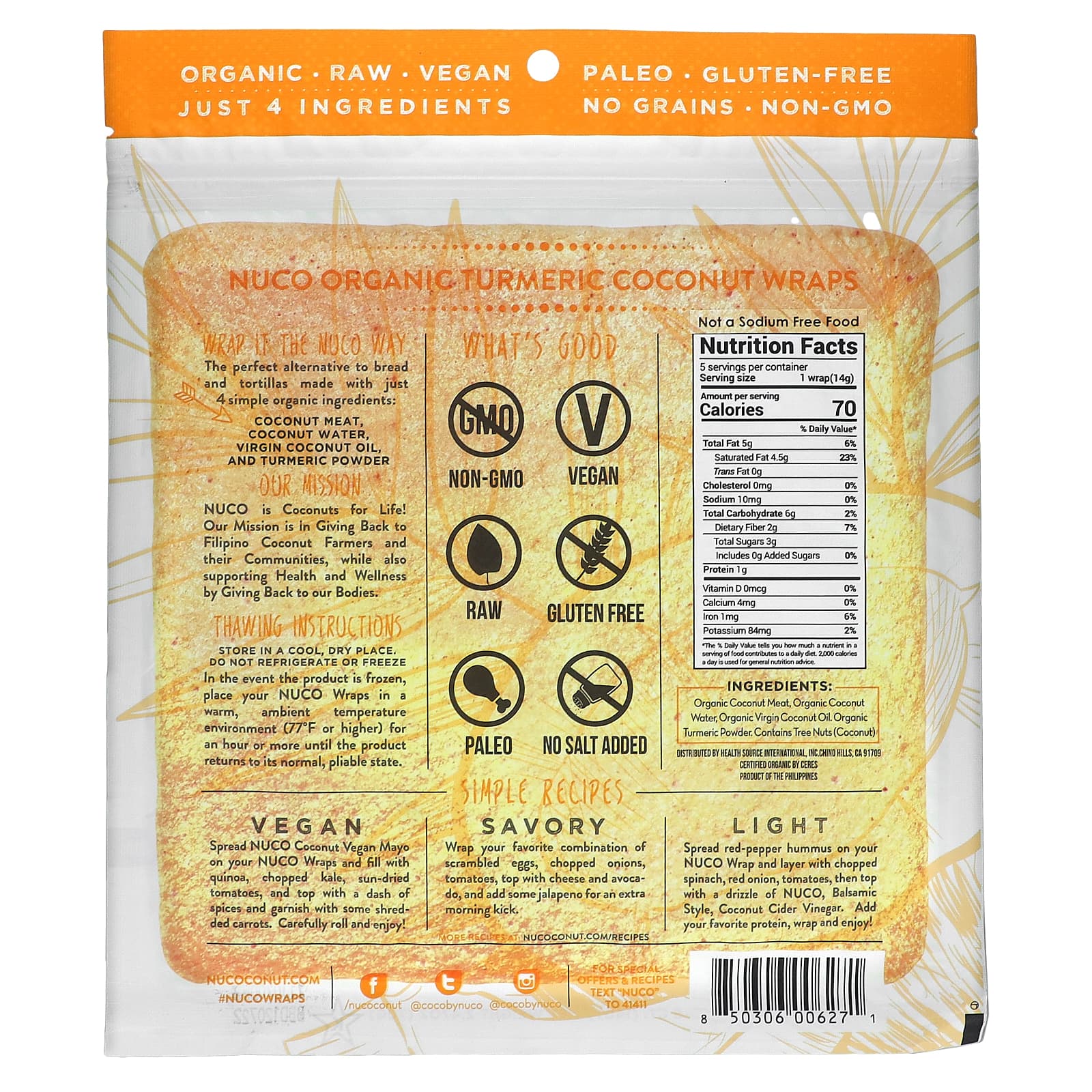 NUCO, органические кокосовые лепешки, с куркумой, 5 шт. (14 г) каждая