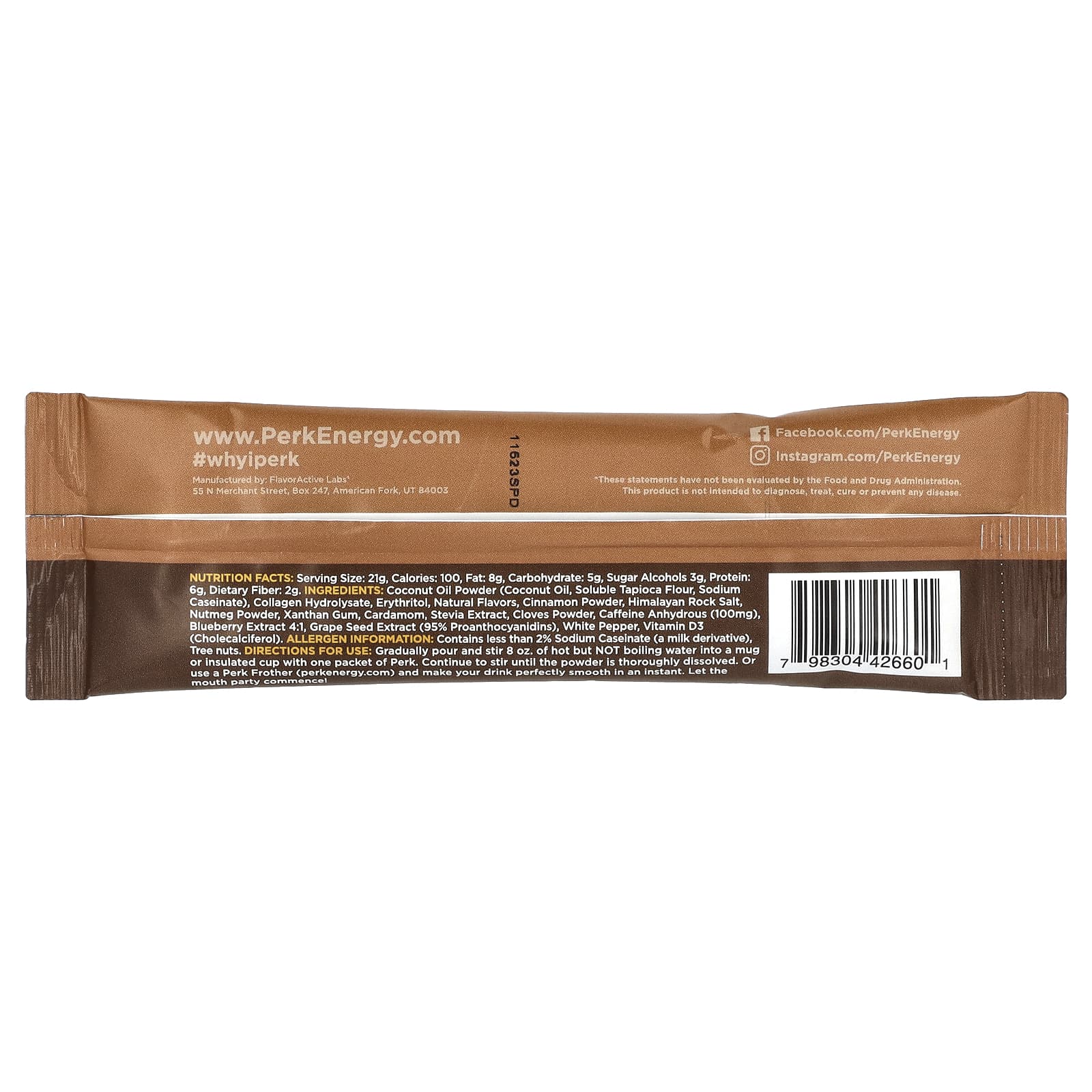 Perk Energy, Полностью натуральные немолочные продукты, чай латте, 10 пакетиков по 21 г