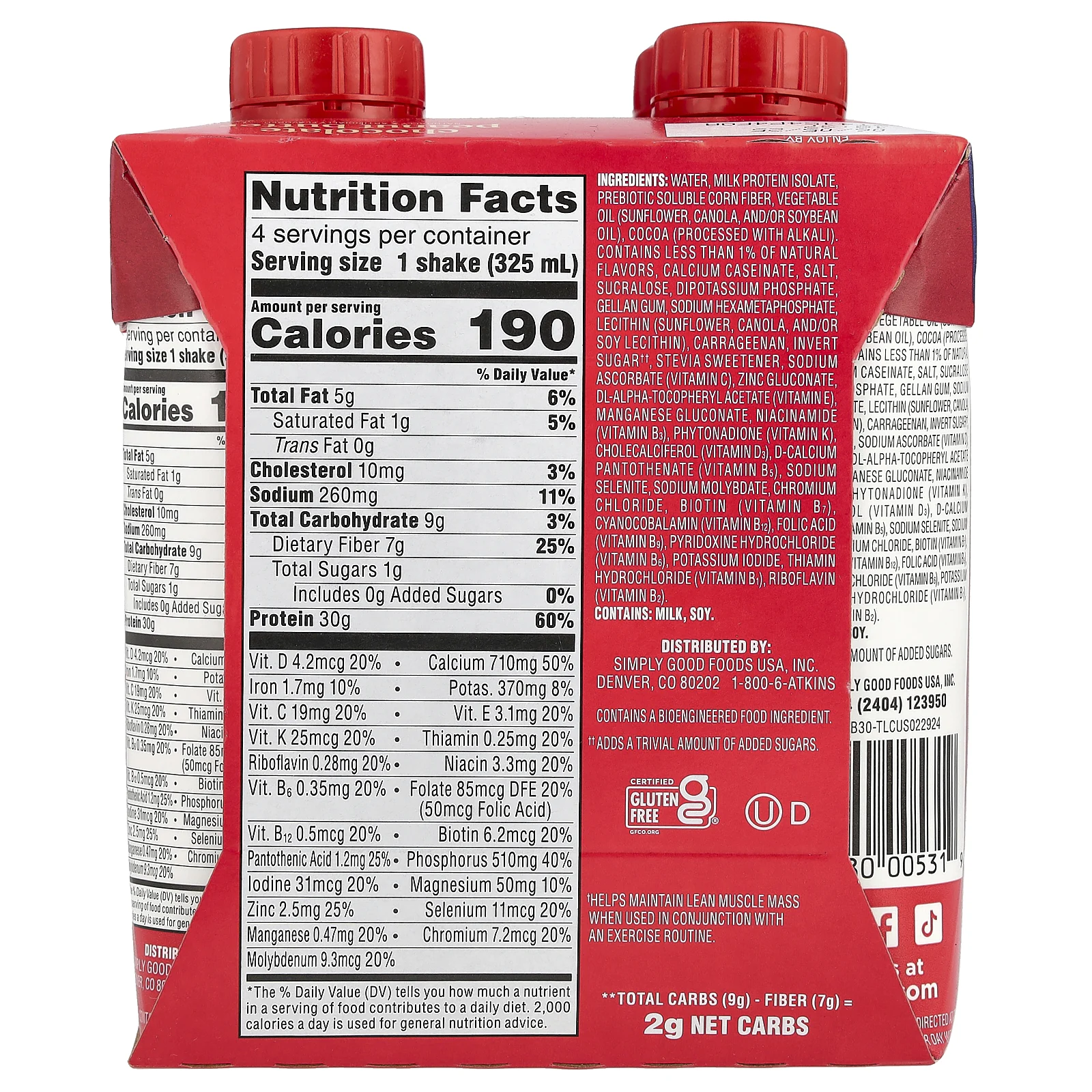 Atkins, Strong, высокопротеиновый коктейль, шоколадно-арахисовая паста, 4 коктейля, 325 мл (11 жидк. унц.)