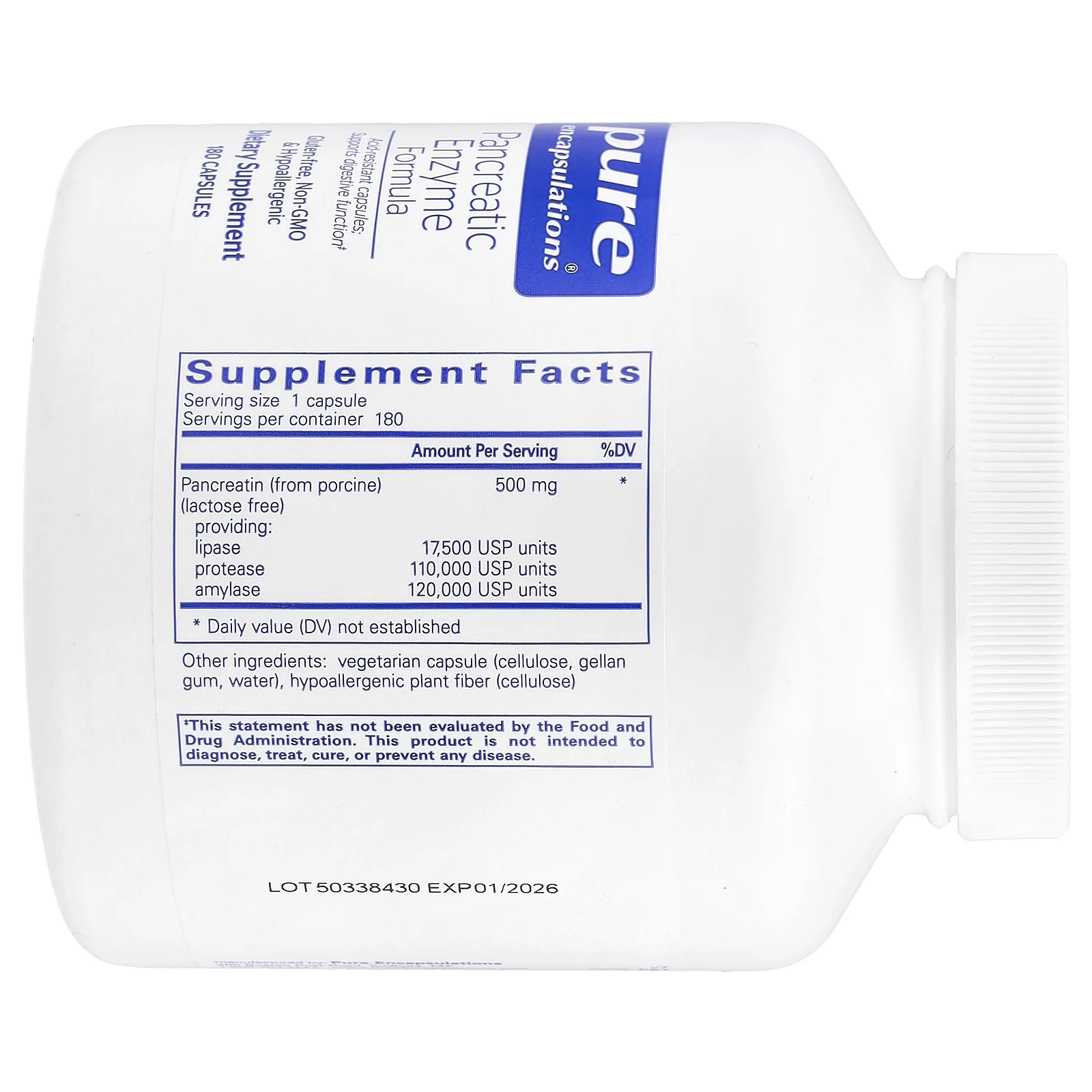 Pure Encapsulations, Формула панкреатических ферментов, 500 мг, 180 капсул