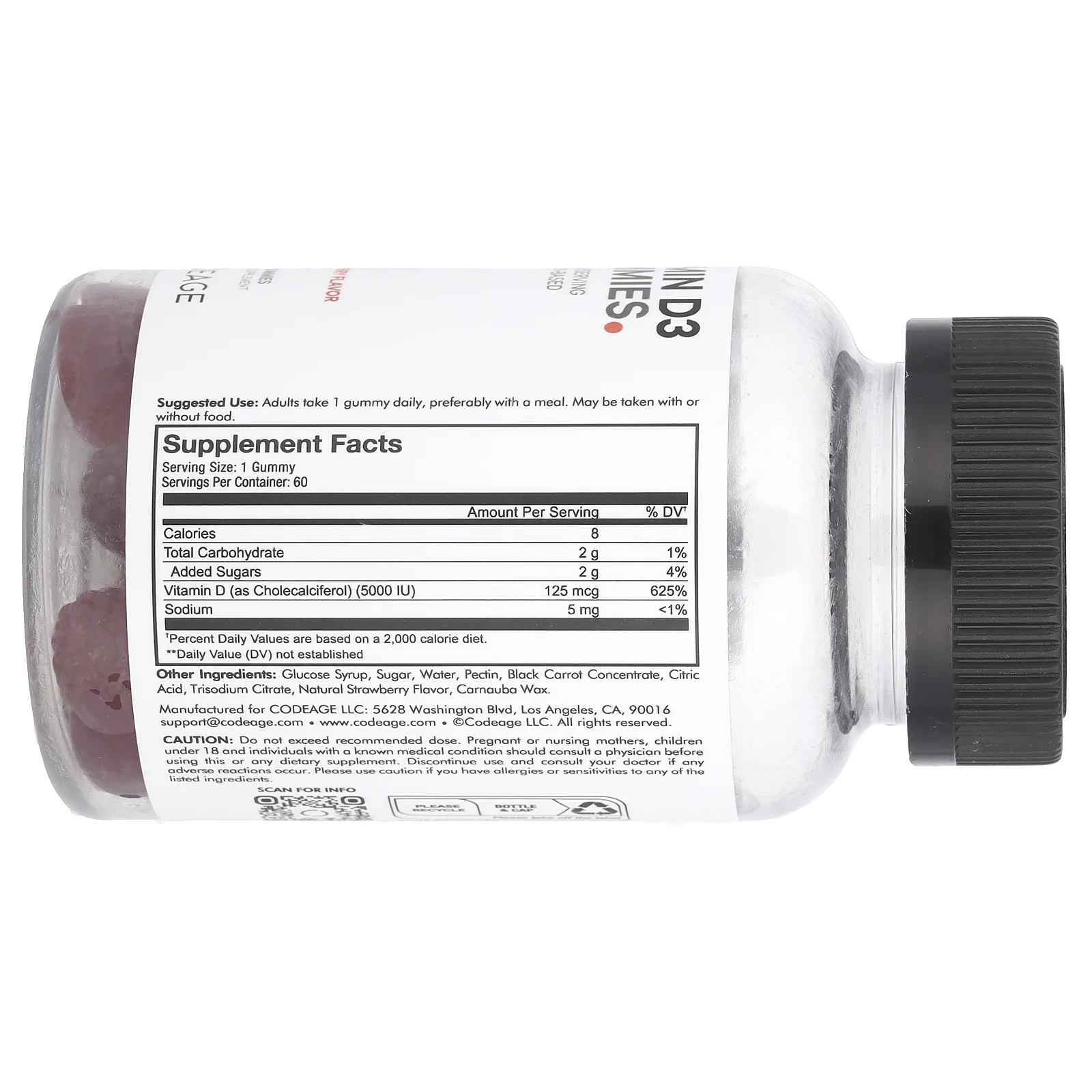Codeage, жевательные таблетки с витамином D3, без ГМО, на основе пектина, клубника, 60 шт.