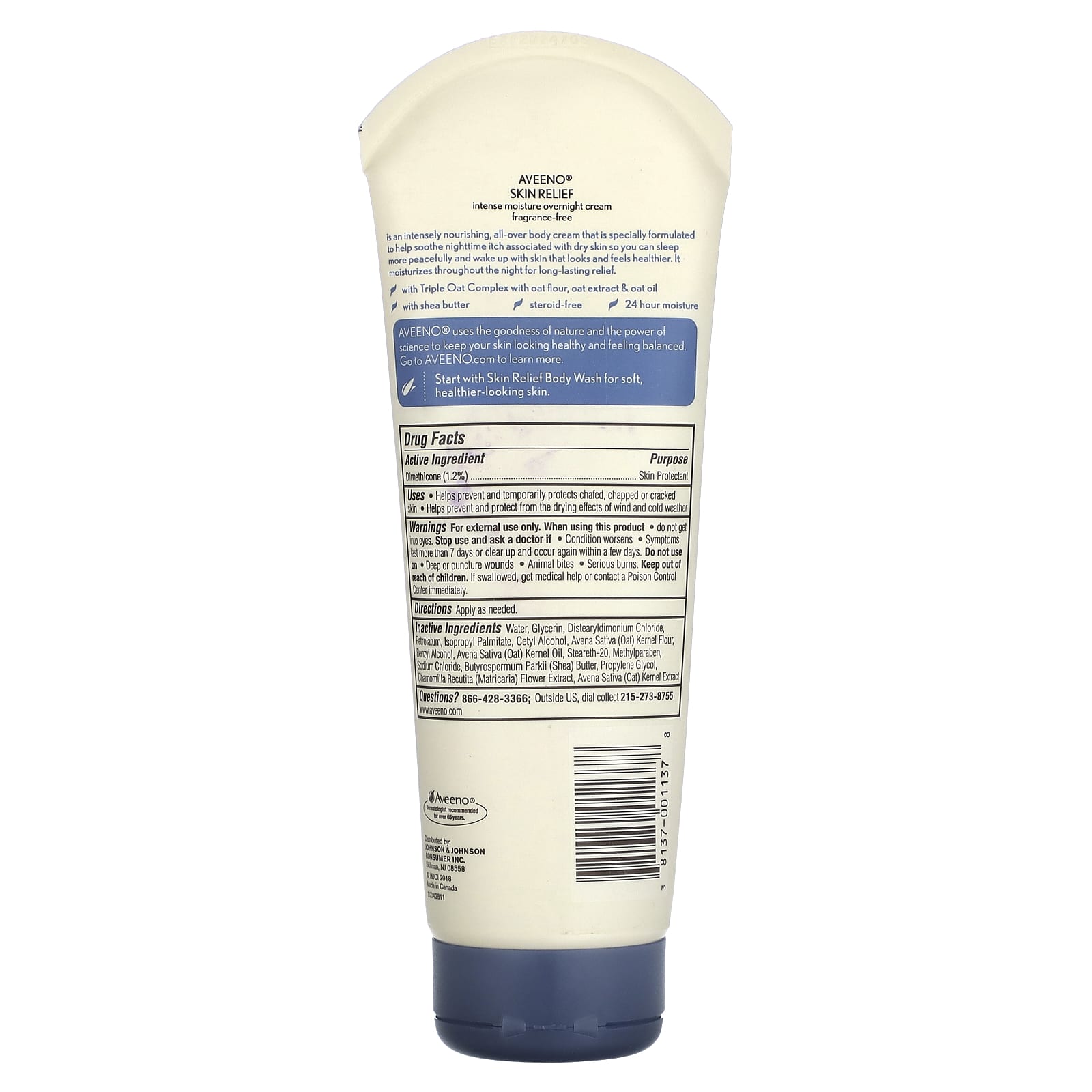 Aveeno, Ночной крем для облегчения состояния кожи, интенсивное увлажнение, без отдушек, 207 г (7,3 унции)