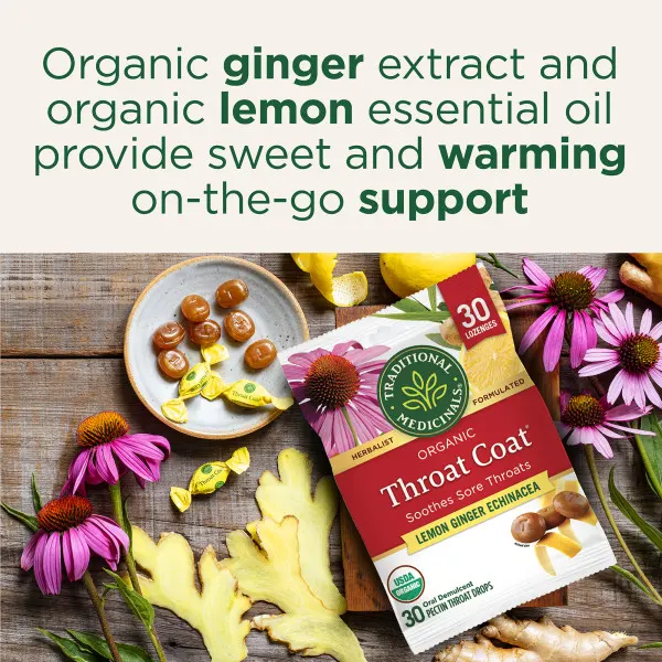 Traditional Medicinals, Organic Throat Coat®, капли для горла с лимоном и имбирем, 30 капель для горла с пектином