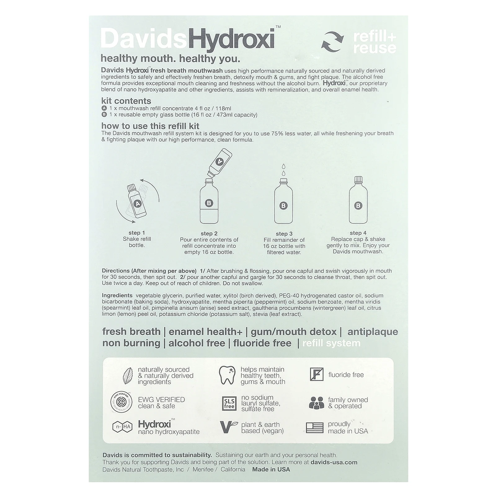 Davids, Refill Kit, жидкость для полоскания рта Fresh Breath, без спирта, натуральная свежая мята, 2 шт.
