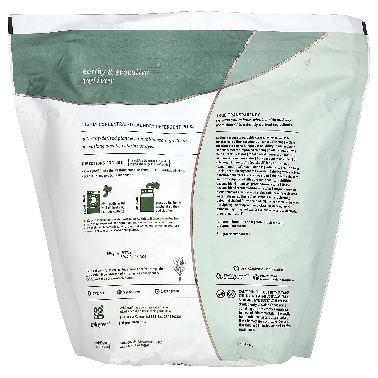 Grab Green, Средство для стирки в порционных пакетах 3 в 1, Vetiver, 132 загрузки, 5 фунтов 4 унции (2376 г)