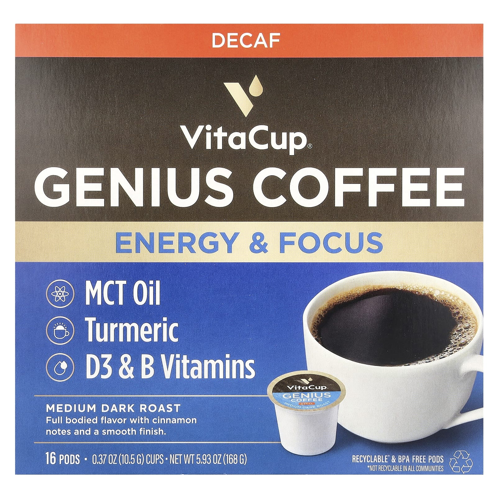 VitaCup, Genius Coffee, средней обжарки, без кофеина, 16 чашек по 10,5 г (0,37 унции)