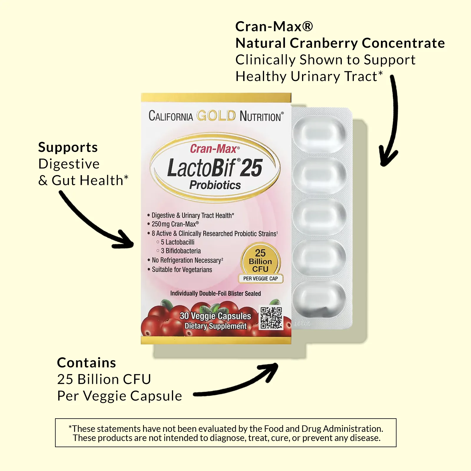 California Gold Nutrition, Lactobif, Cran-Max, пробиотики, 25 млрд КОЕ, 30 растительных капсул