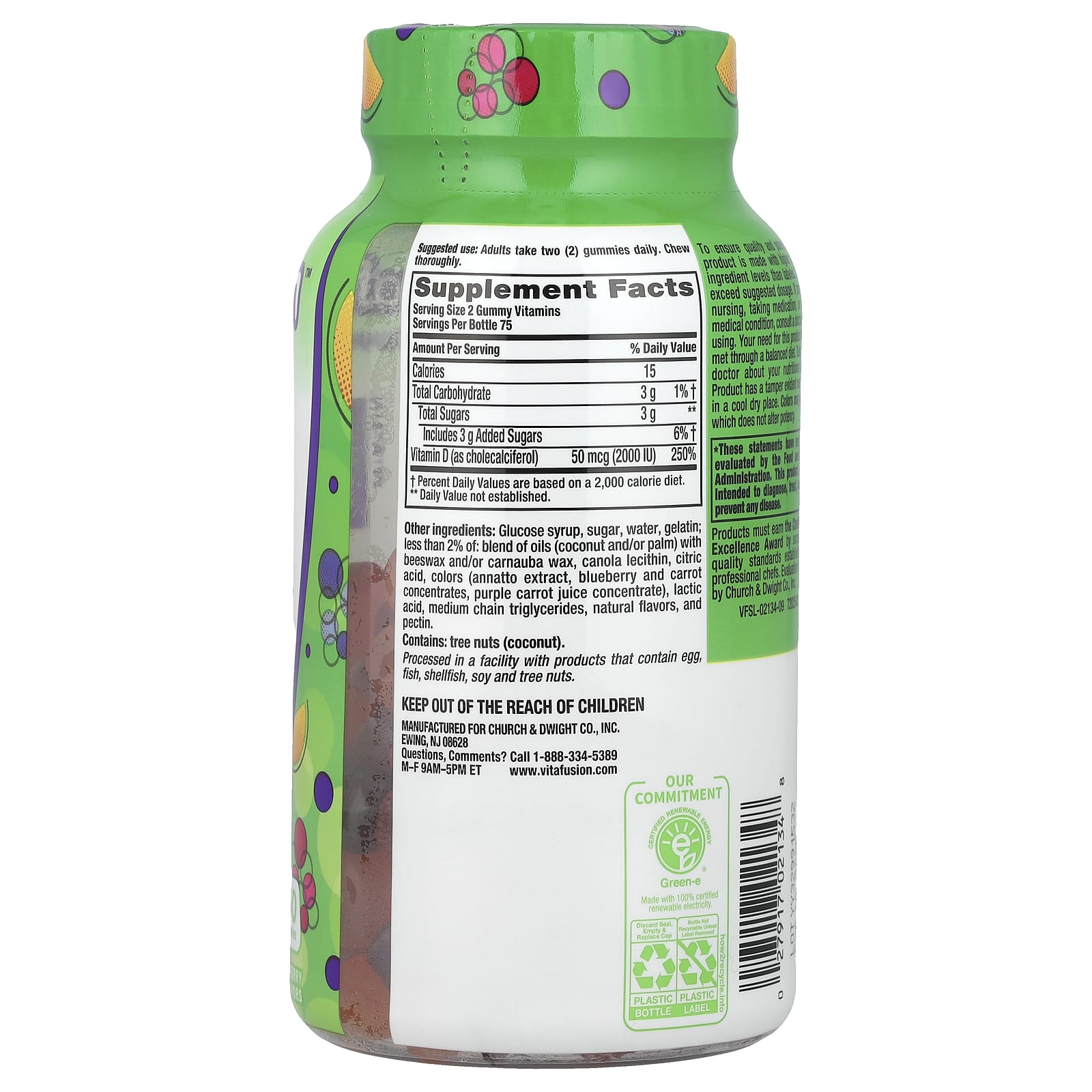 VitaFusion, витамин D3, с натуральным вкусом персика и ягод, 2000 МЕ, 150 жевательных таблеток (25 мкг (1000 МЕ) в 1 таблетке)