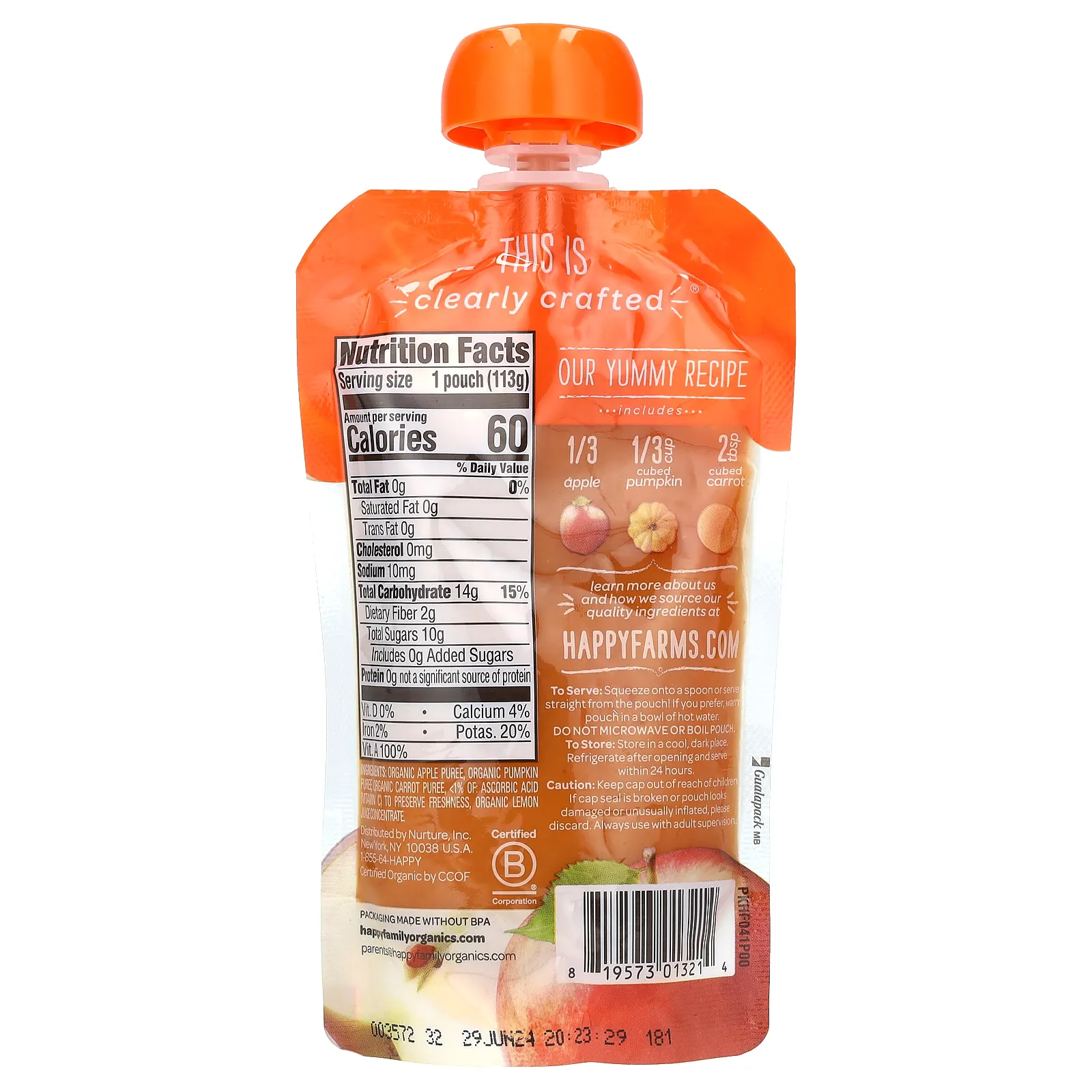 Happy Family Organics, Органическое детское питание, этап 2, от компании Clearly Crafted, яблоки для детей от 6 месяцев, тыква и морковь, 113 г (4 унции)