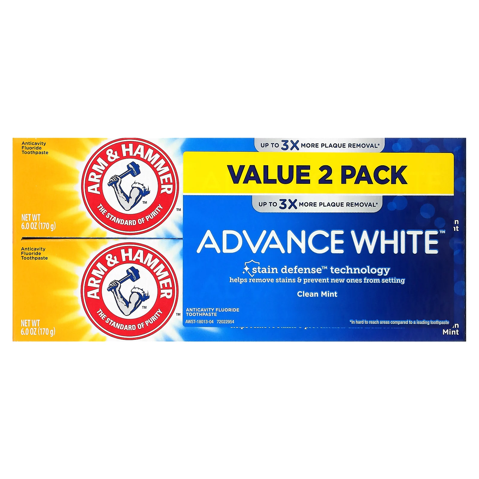 Arm & Hammer, Advance White, отбеливающая зубная паста с фторидом против кариеса, чистая мята, двойная упаковка, 170 г (6 унций) каждая