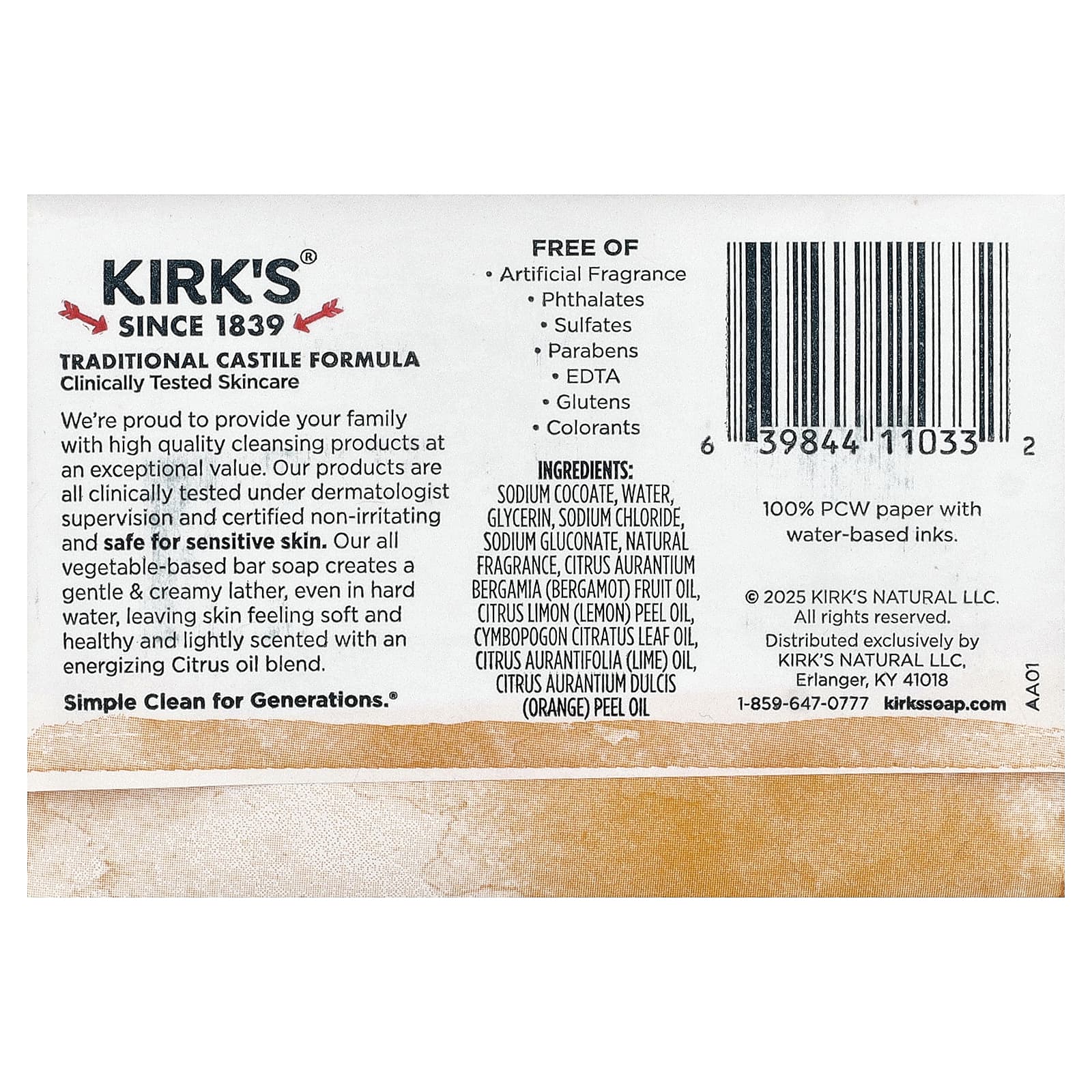 Kirk's, кастильское кусковое мыло со 100%-ным кокосовым маслом премиального качества, цитрус, 113 г (4 унции)