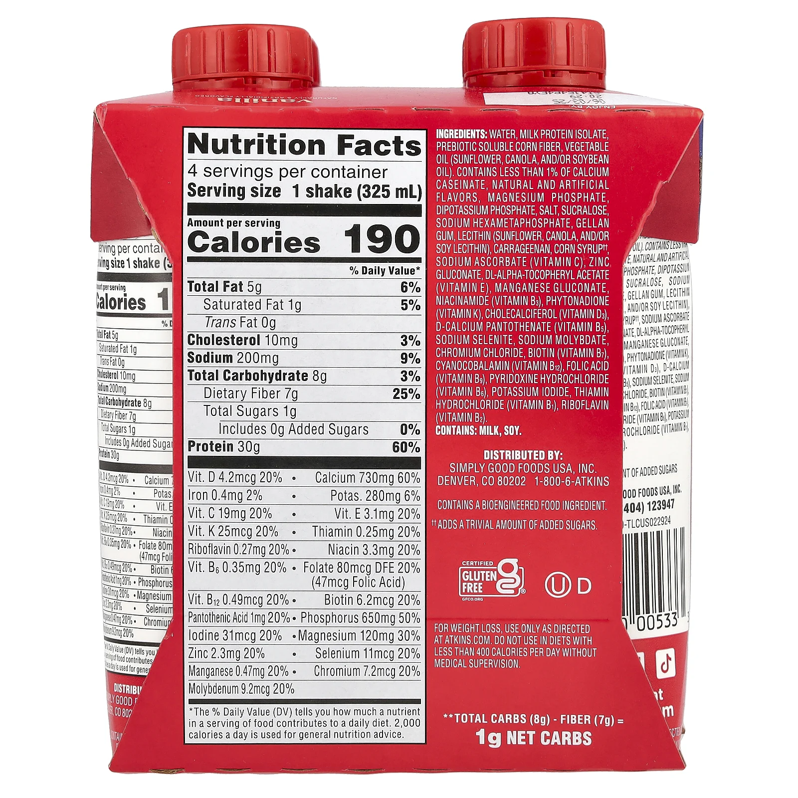 Atkins, Strong, высокопротеиновый коктейль, ваниль, 4 коктейля, 325 мл (11 жидк. Унций)