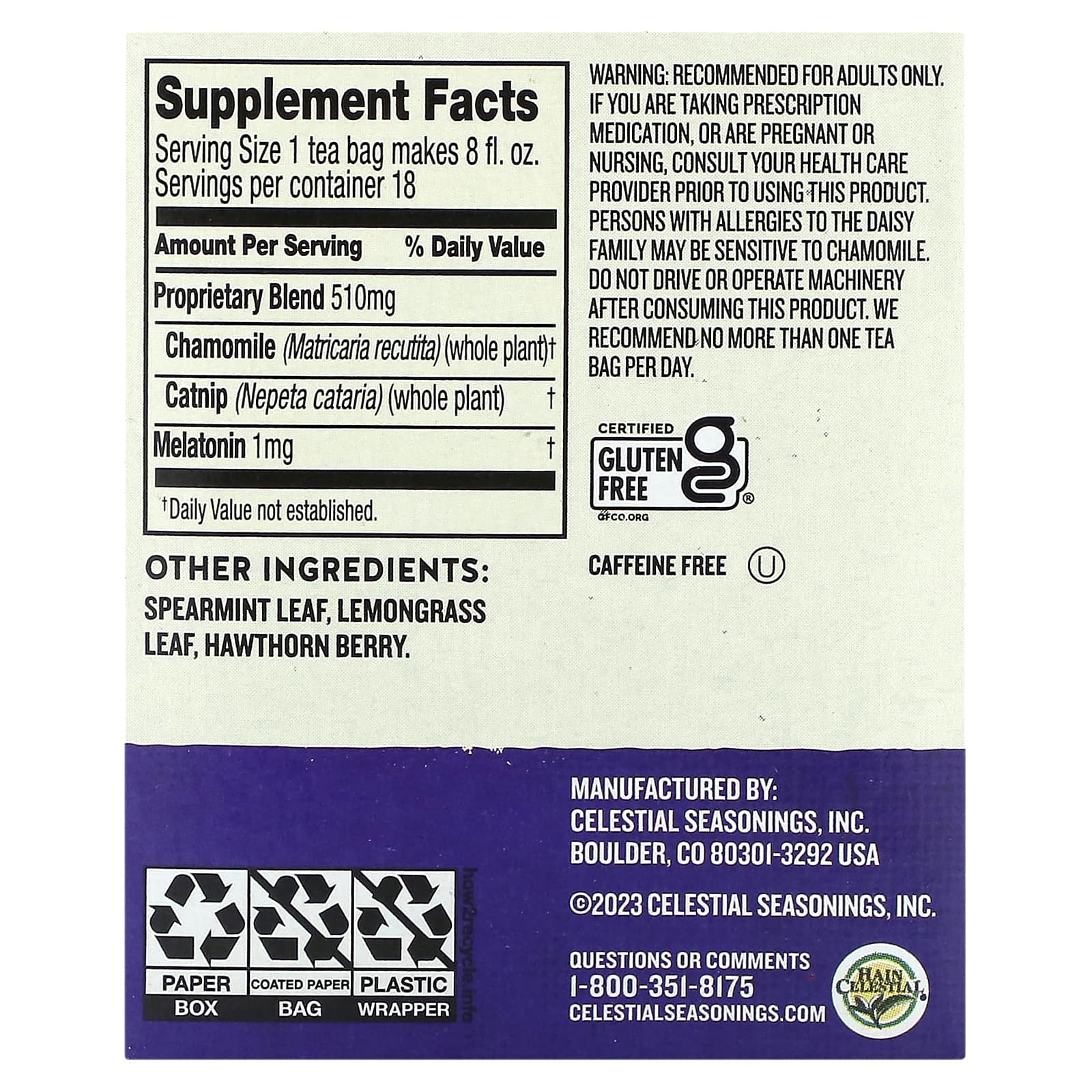 Celestial Seasonings, Sleepytime, чай с мелатонином, без кофеина, 18 чайных пакетиков, 21 г (0,75 унции)