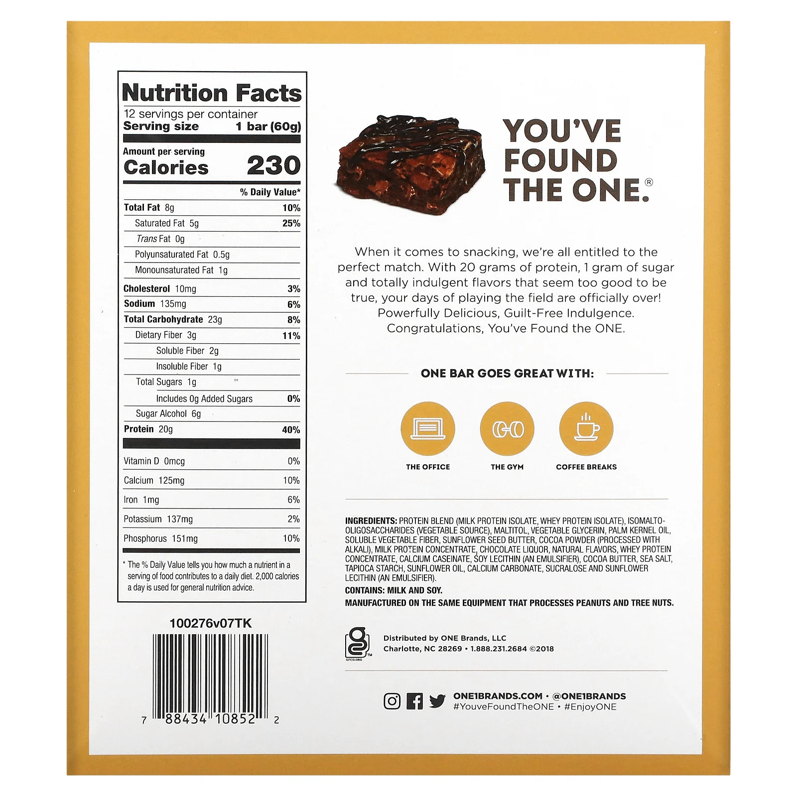 One Brands, ONE Bar, шоколадный брауни, 12 батончиков по 60 г (2,12 унции) каждый