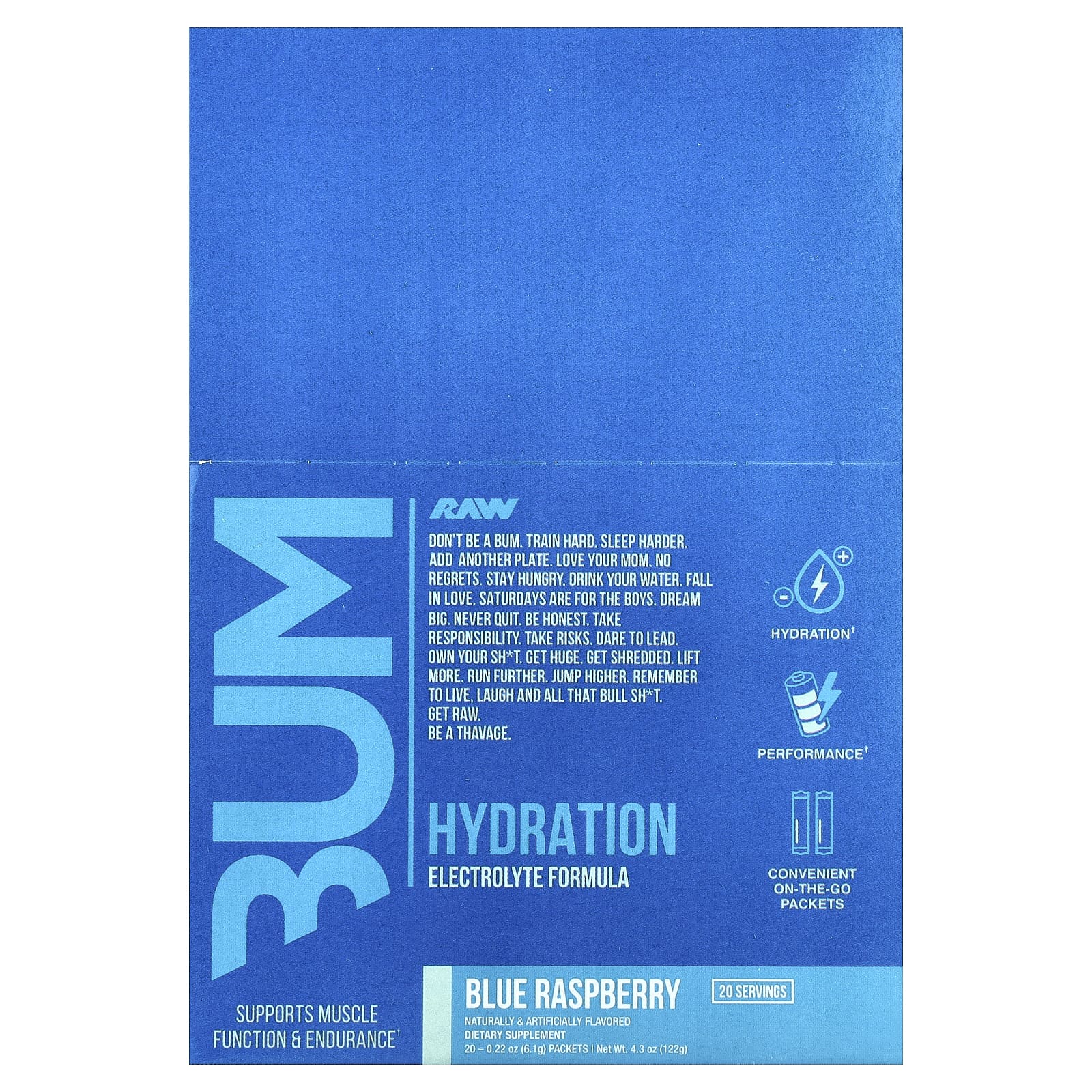 Raw Nutrition, Bum, Hydration, электролитная формула, со вкусом голубой малины, 20 пакетиков по 6,1 г (0,22 унции)