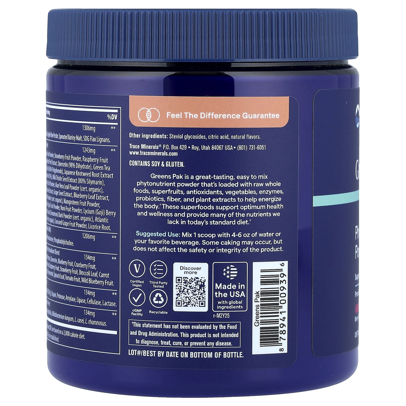 Trace, Greens Pak, фитонутриенты в порошке, ягодный вкус, 225 г (7,9 унции)