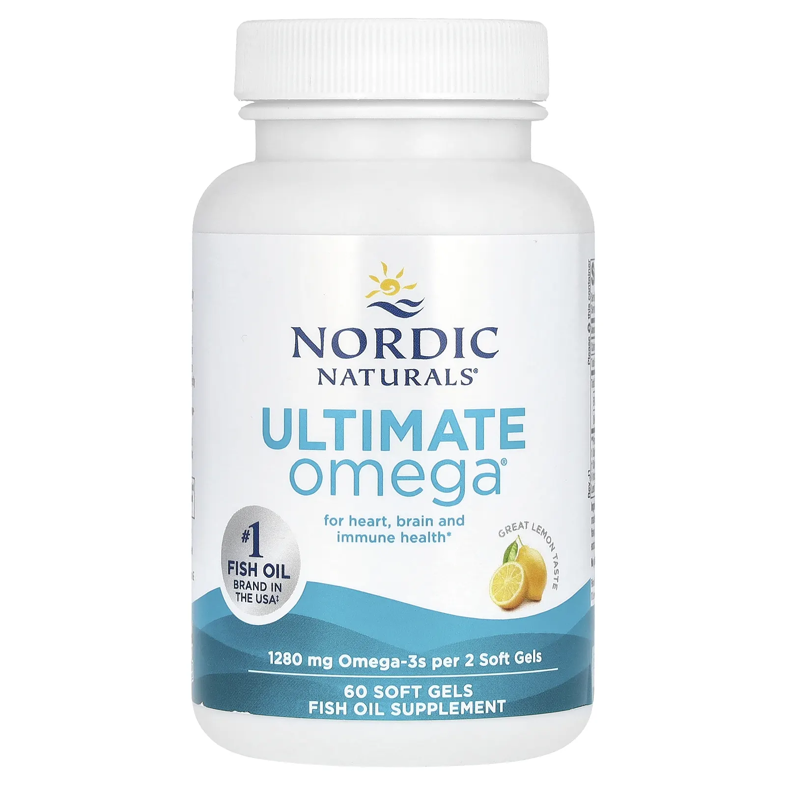 Nordic Naturals, Ultimate Omega, высокоэффективные омега-3 кислоты, со вкусом лимона, 1280 мг, 60 капсул (640 мг в 1 капсуле)