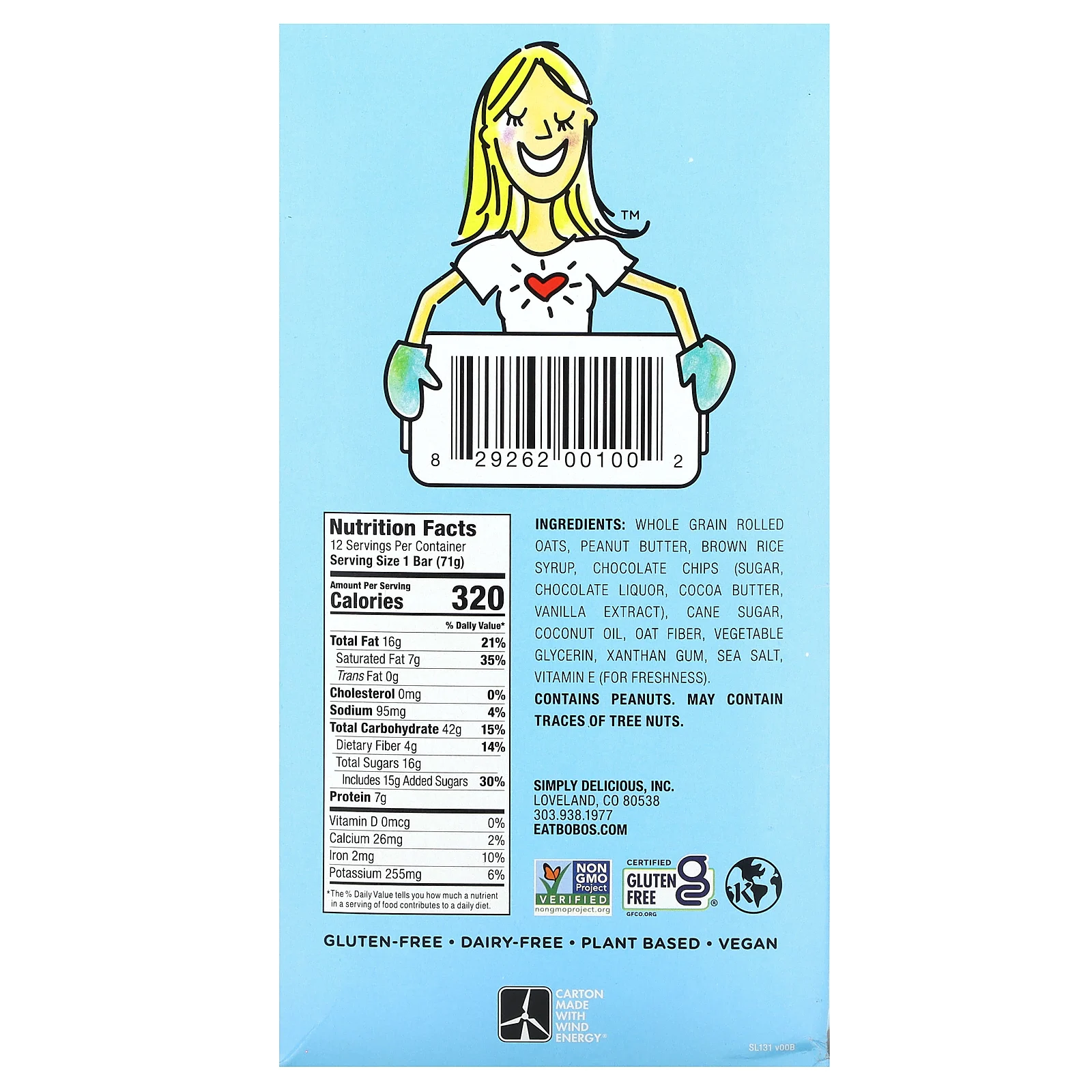 Bobo's Oat Bars, Овсяные батончики с арахисовой пастой и шоколадной крошкой, 12 батончиков по 70,8 г (2,5 унции)