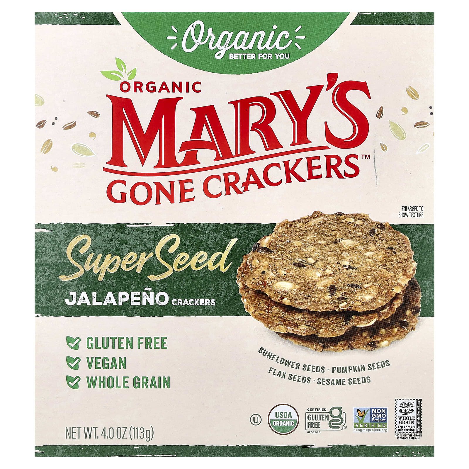 Mary's Gone Crackers, органические крекеры из суперсемена, халапеньо, 113 г (4 унции)