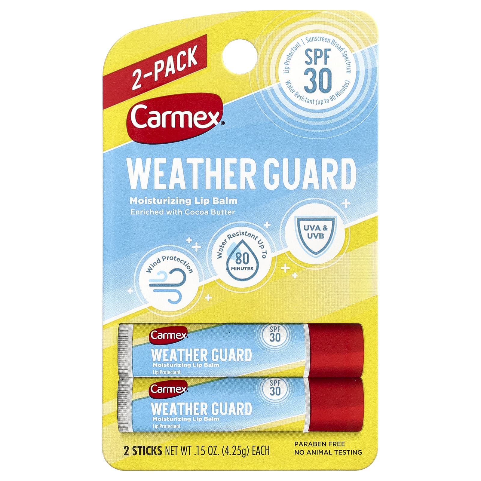 Carmex, Rain™, увлажняющий бальзам для губ, SPF 30, 2 шт. в упаковке, 4,25 г (0,15 унции)
