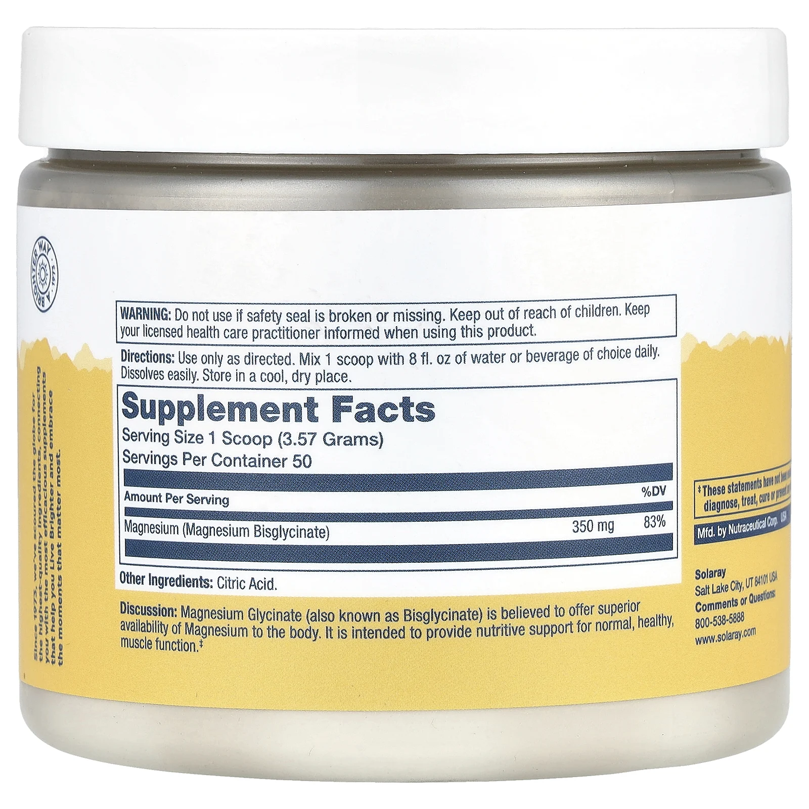 Solaray, Порошок глицината магния с высокой абсорбцией, без добавок, 179 г (6 унций)