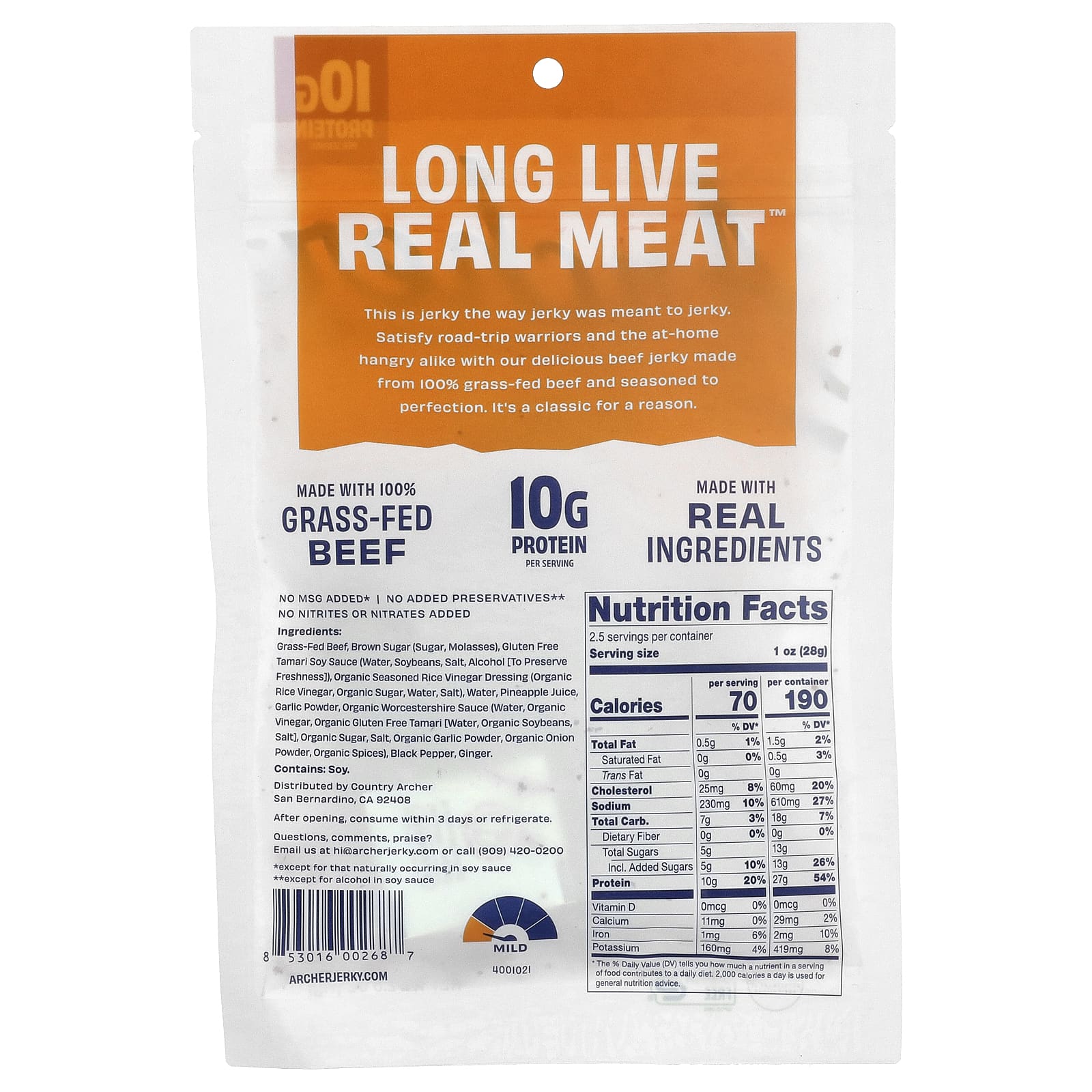 Country Archer Jerky, вяленая говядина травяного откорма, терияки, 71 г (2,5 унции)