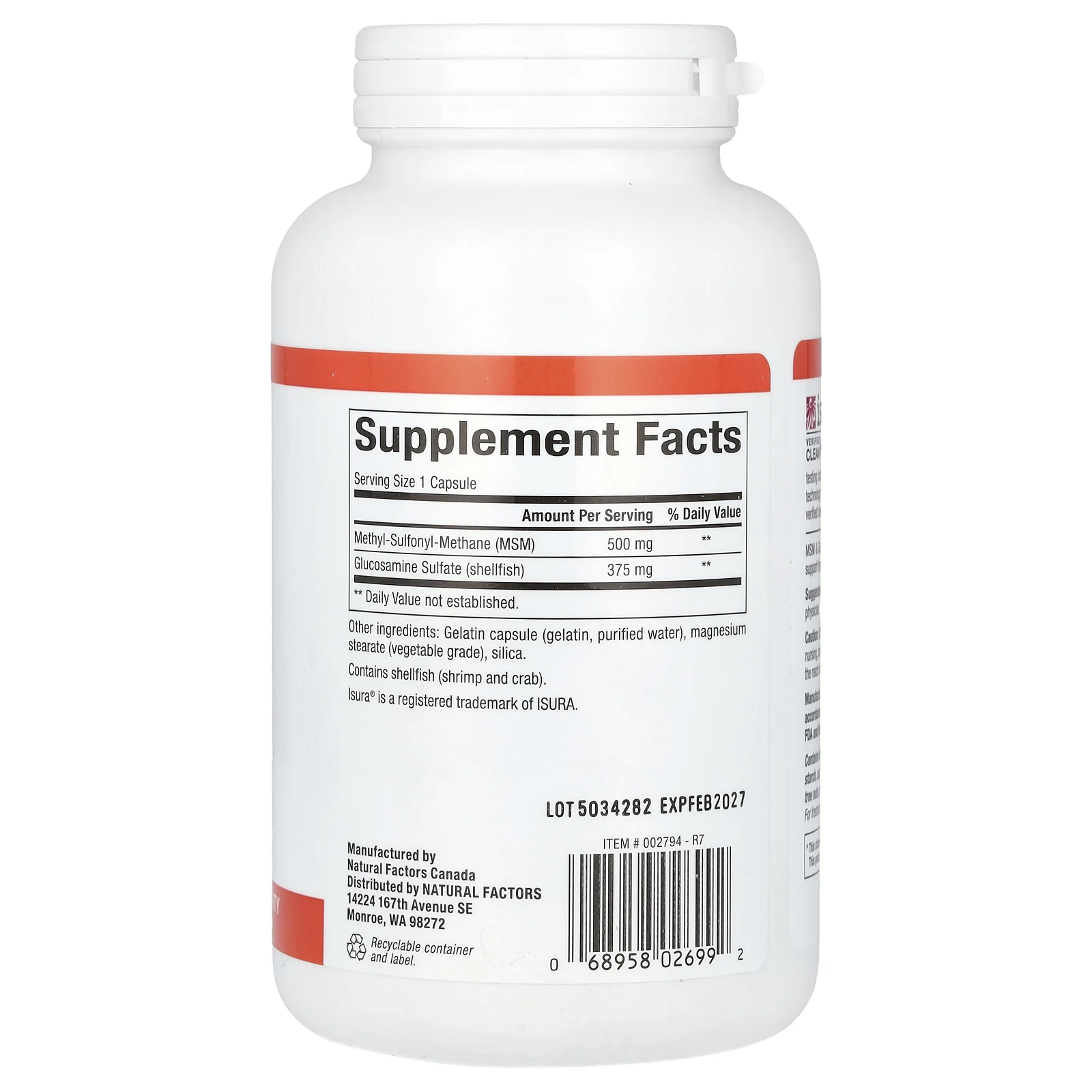 Natural Factors, МСМ и сульфат глюкозамина, 180 капсул