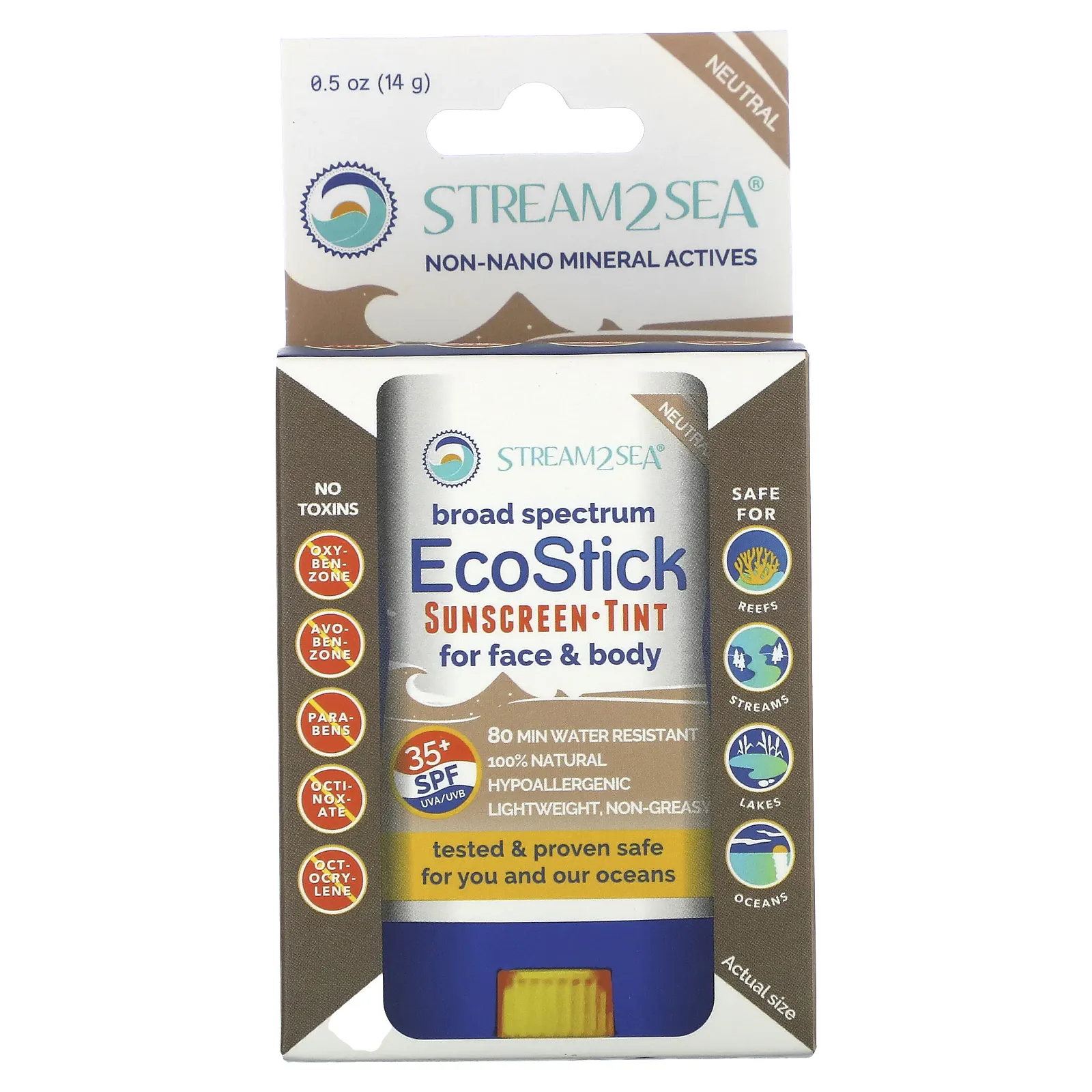 Stream2Sea, EcoStick, солнцезащитный тоник, SPF 35+, нейтральный, 14 г (0,5 унции)