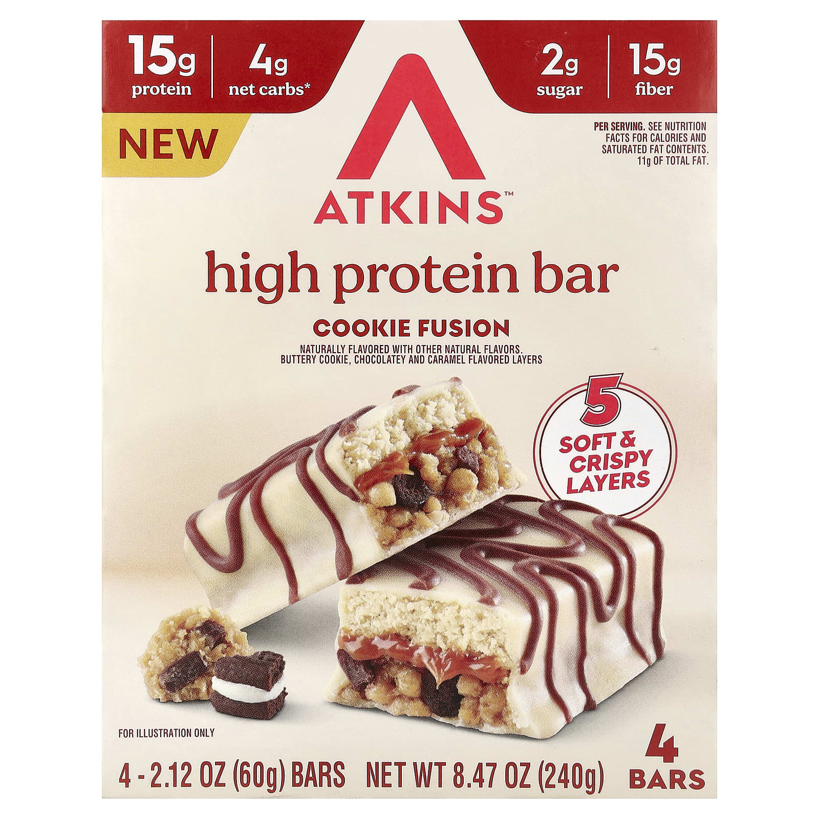 Atkins, высокопротеиновый батончик, печенье, 4 батончика по 60 г (2,12 унции)