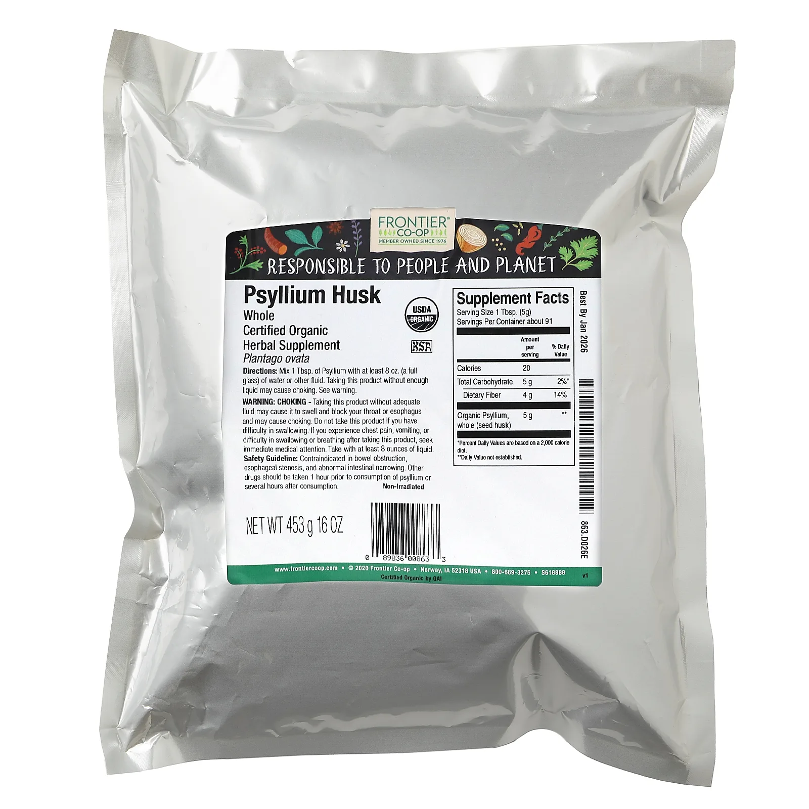 Frontier Co-op, органическая цельная оболочка семян подорожника, 453 г (16 унций)
