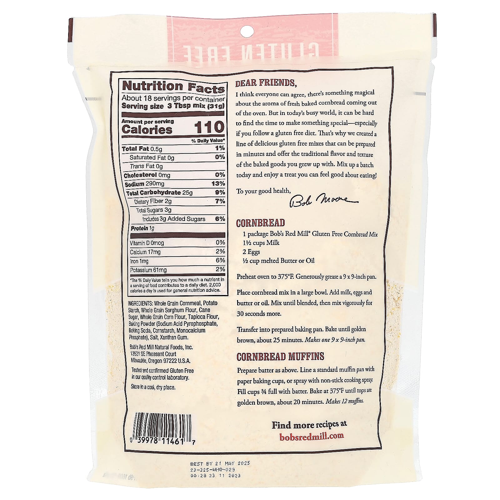 Bob's Red Mill, Cornbread Mix, без глютена, 567 г (20 унций)