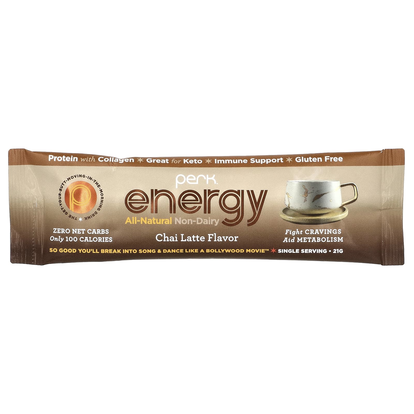 Perk Energy, Полностью натуральные немолочные продукты, чай латте, 10 пакетиков по 21 г