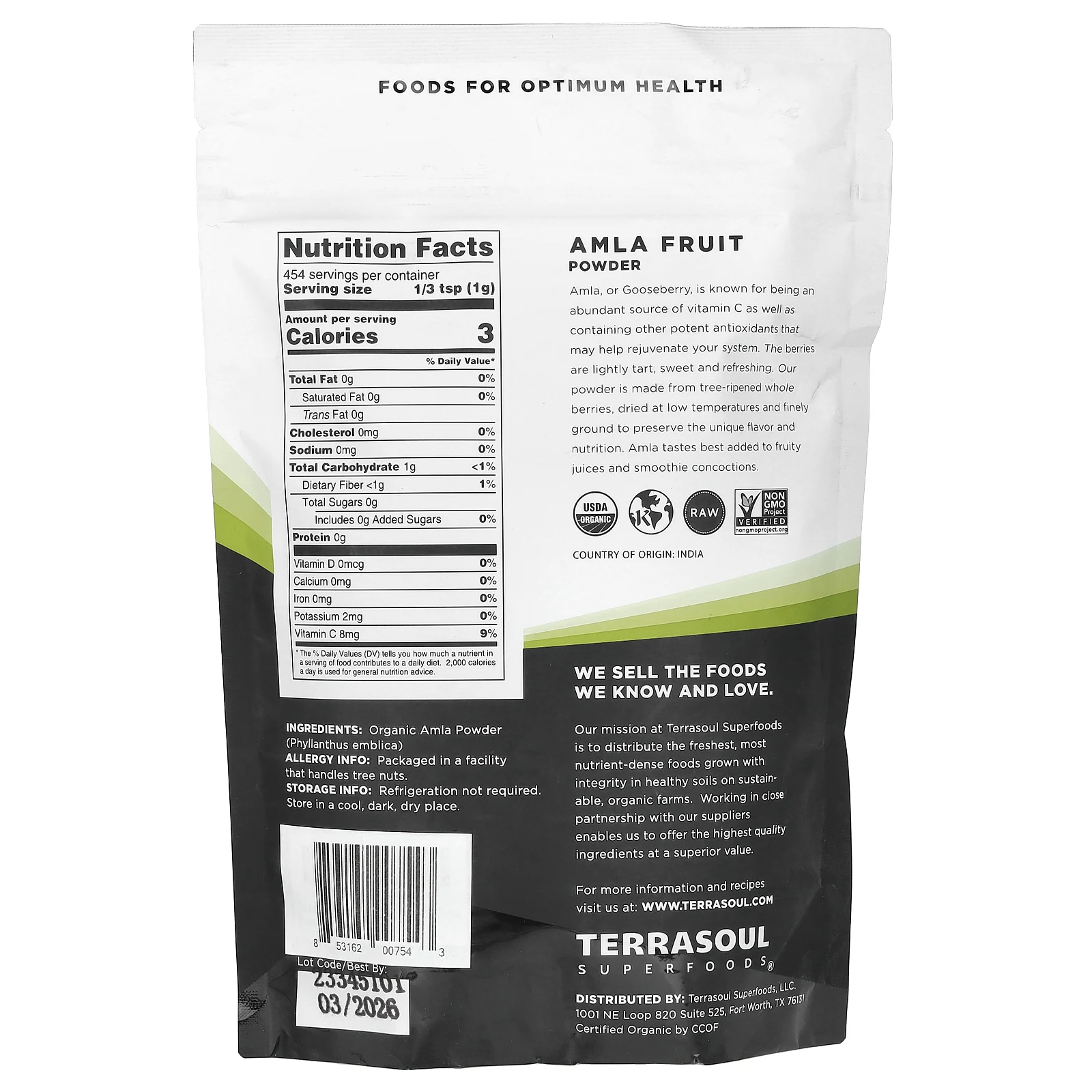 Terrasoul Superfoods, амла в порошке, 454 г (16 унций)