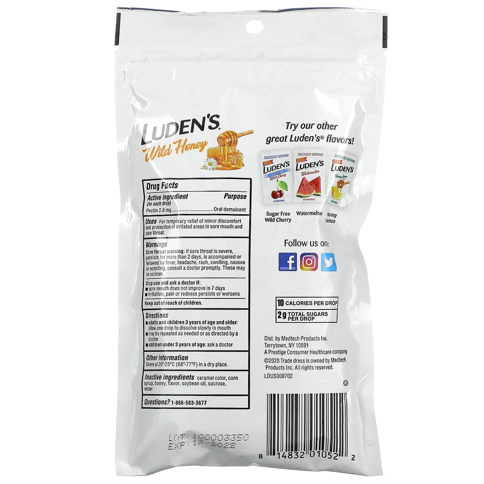 Luden's, Леденцы с пектином, успокаивающее средство для полости рта, дикий мед, 30 капель для горла