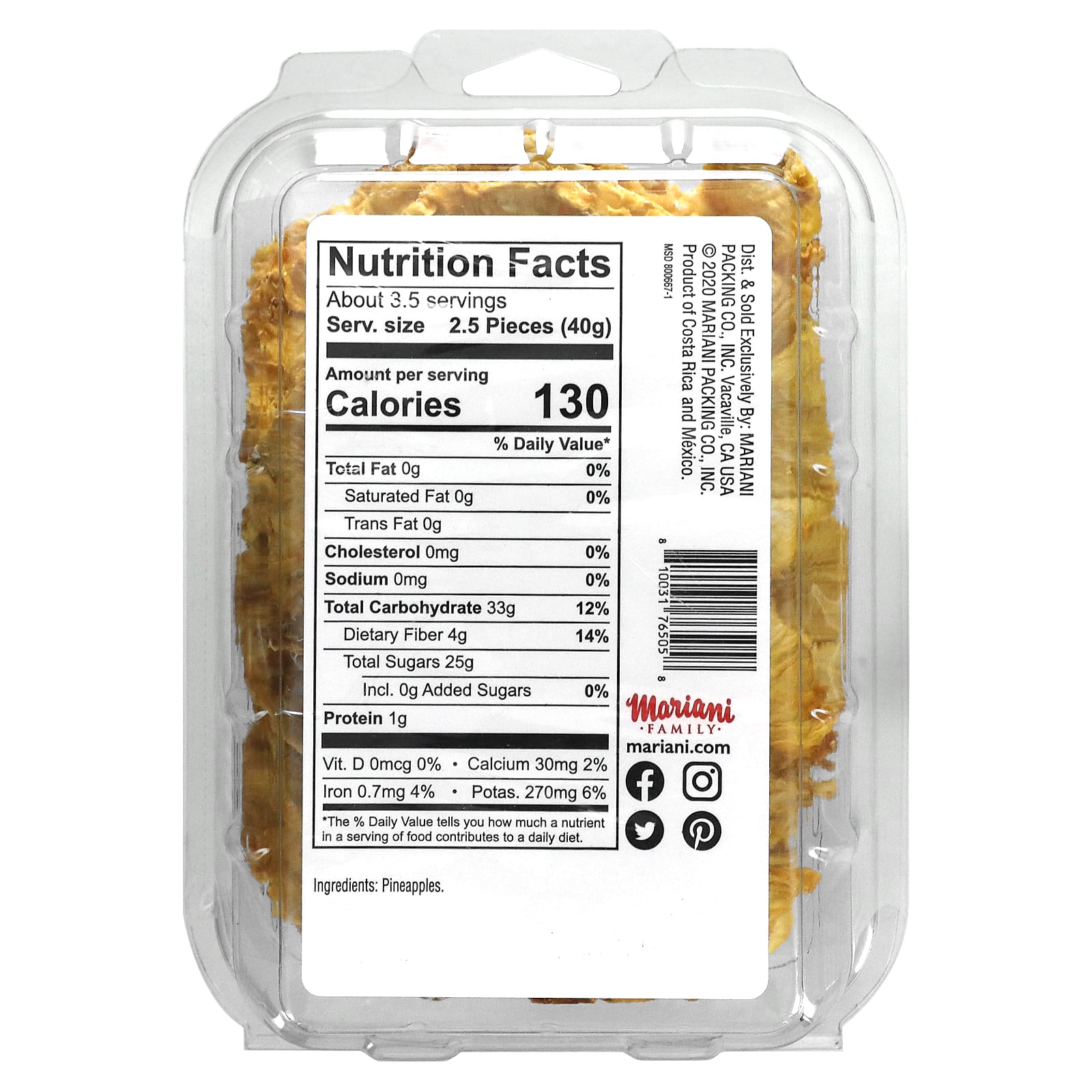 Mariani Dried Fruit, Family, сушеный ананас, 142 г (5 унций)