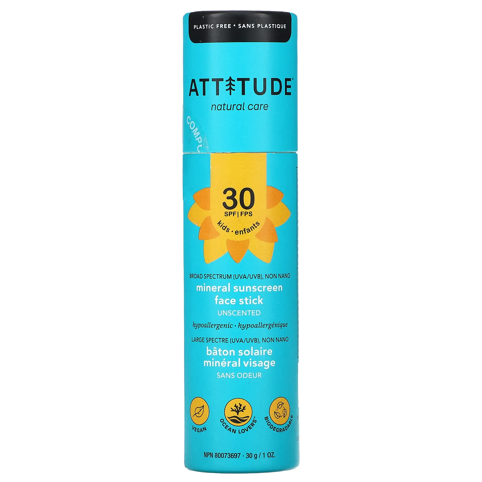 ATTITUDE, Для детей, солнцезащитный крем с минералами, SPF 30, без запаха, 30 г (1 унция)