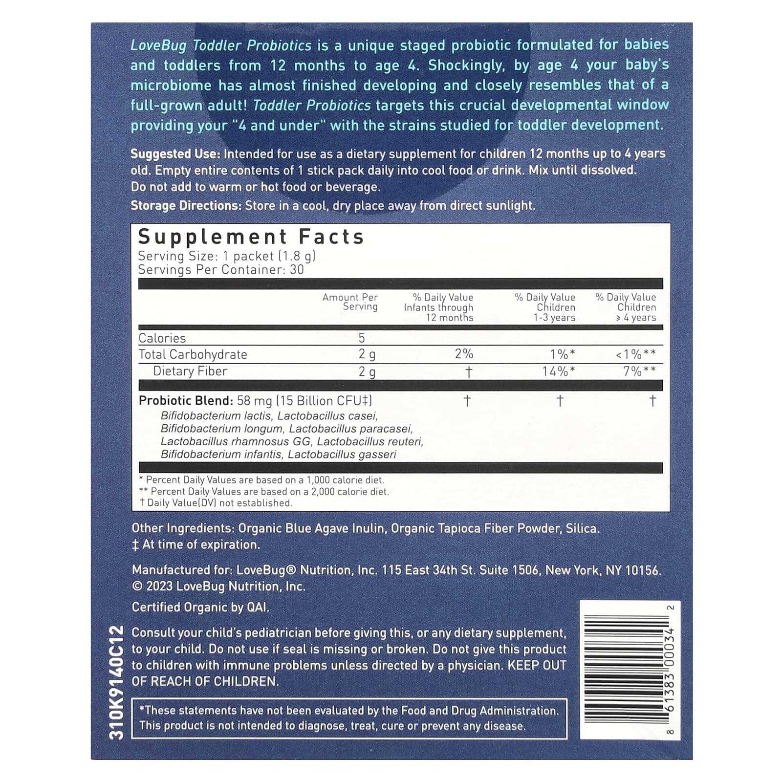 LoveBug Probiotics, пробиотики для детей в возрасте от 12 месяцев до 4 лет, 15 млрд КОЕ, 30 пакетиков по 1,8 г (0,06 унции)