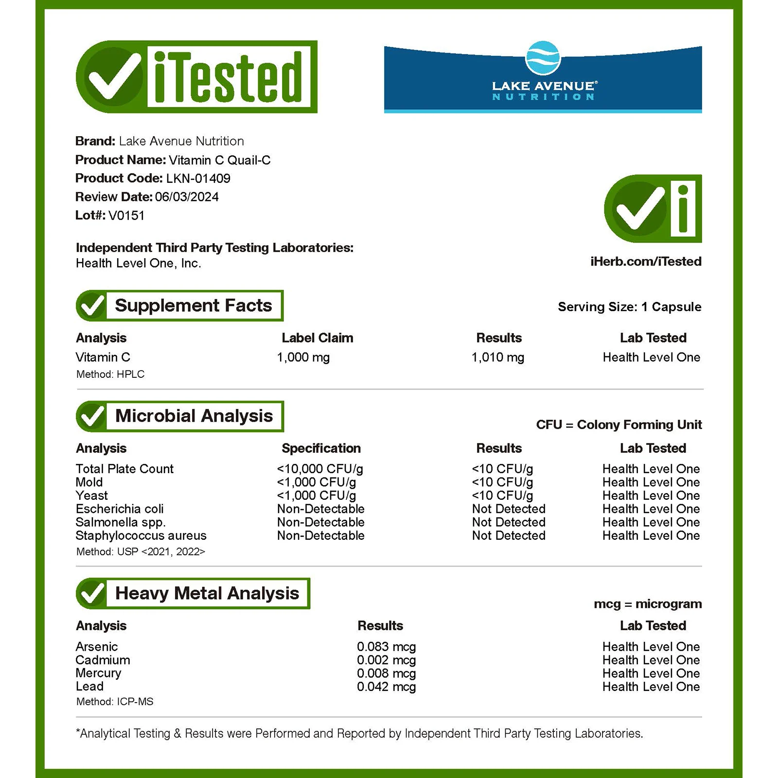 Lake Avenue Nutrition, витамин C, с Quali-C, 1000 мг, 60 растительных капсул