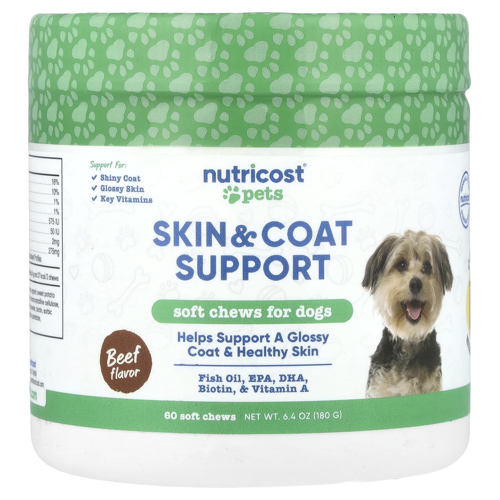Nutricost, Pets, для поддержки кожи и шерсти, для собак, говядина, 60 жевательных таблеток, 180 г (6,4 унции)
