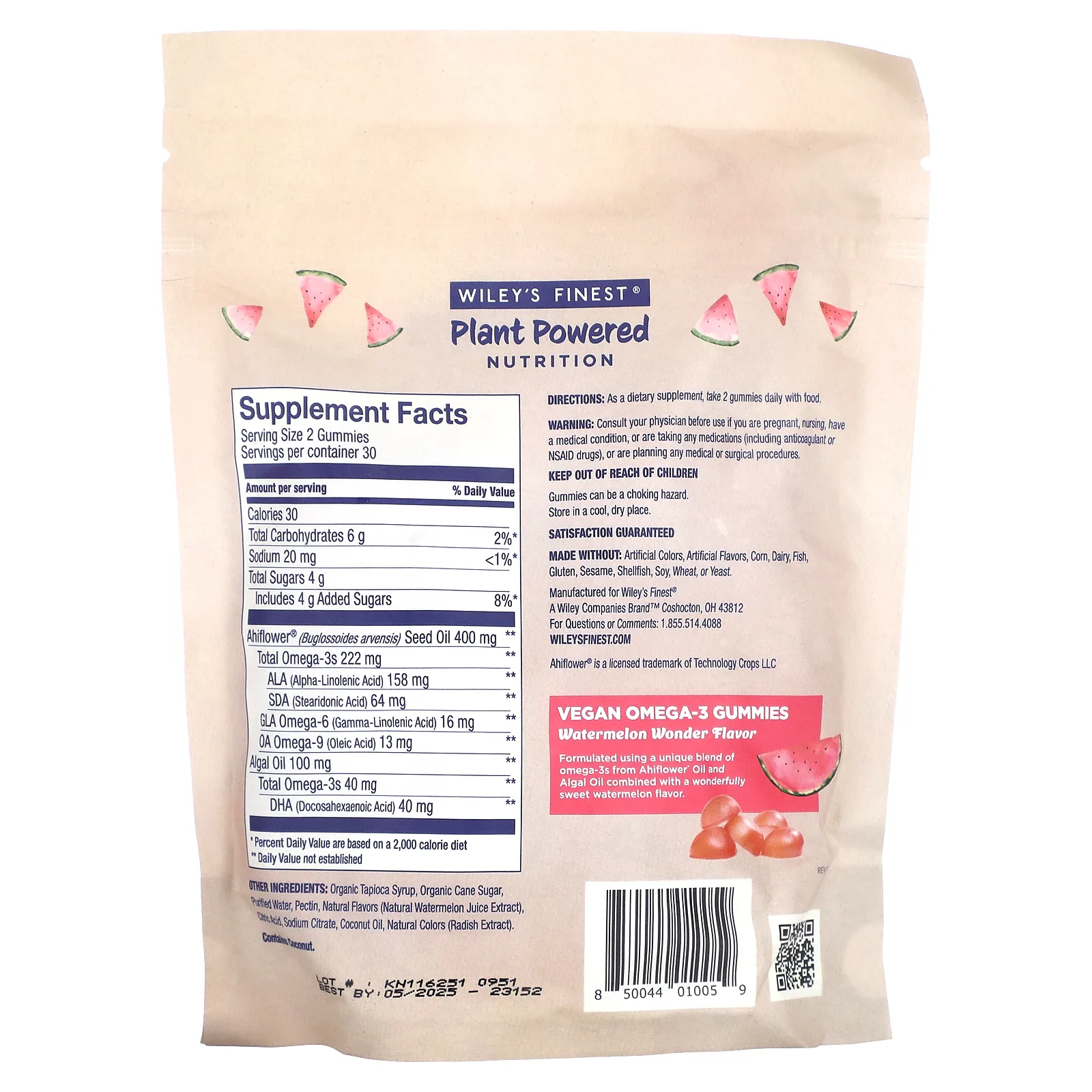 Wiley's Finest, Plant Powered Nutrition, веганские жевательные таблетки омега-3, со вкусом арбуза, 262 мг, 60 жевательных таблеток (131 мг в 1 жевательной таблетке)