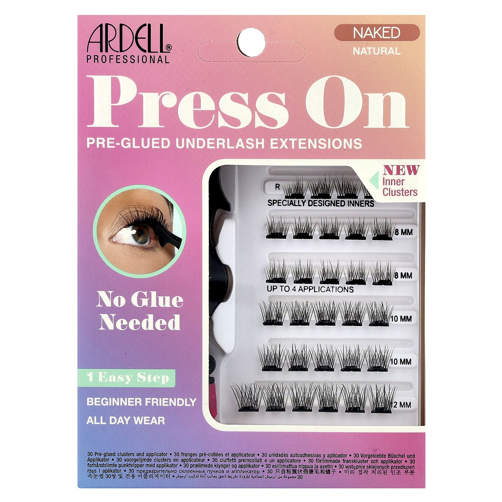 Ardell, Press On, Pre-Glued Underlash Extensions, Naked Natural, 30 предварительно приклеенных кластеров и аппликатор