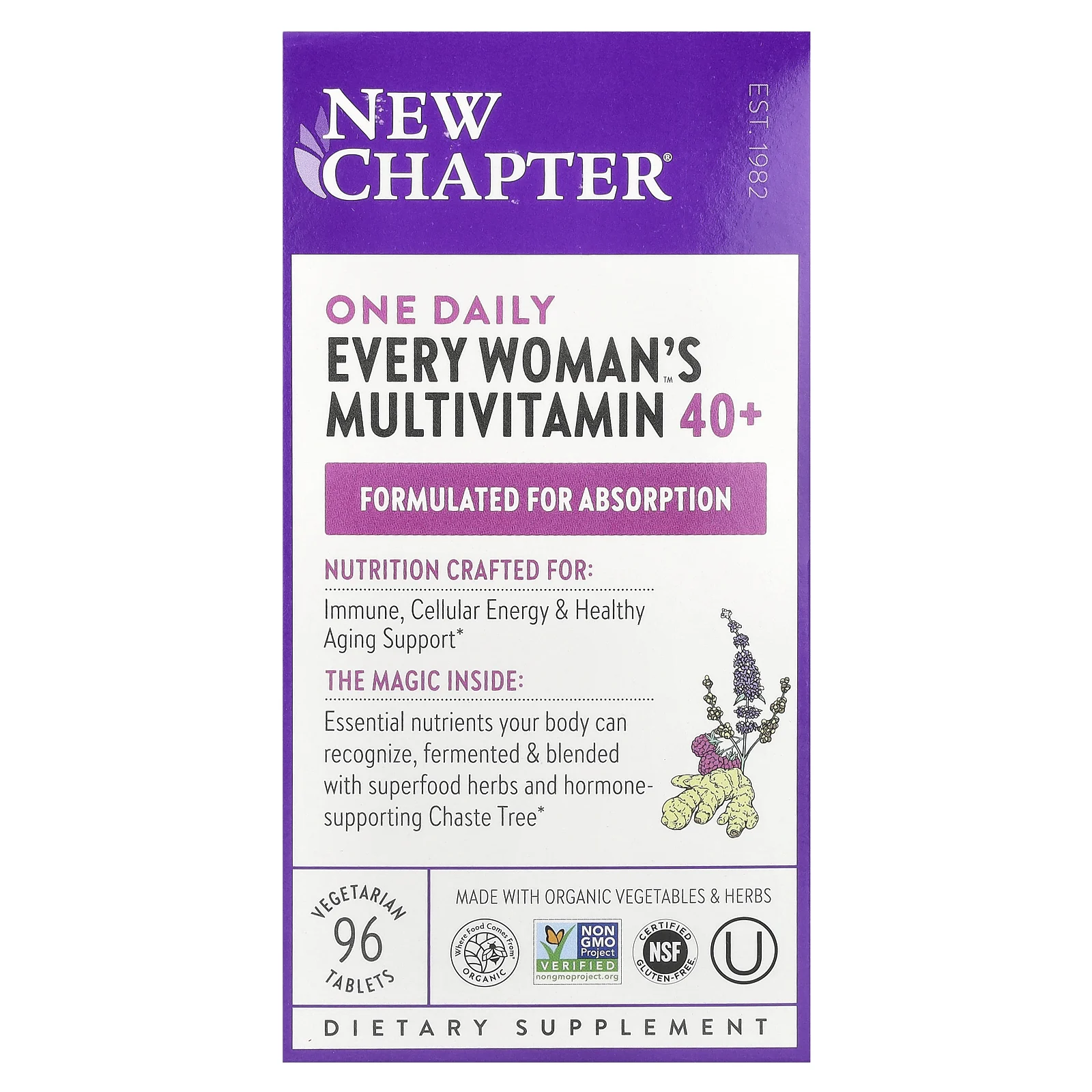 New Chapter, 40+ Every Woman's One Daily, витаминный комплекс на основе цельных продуктов для женщин старше 40 лет, 96 вегетарианских таблеток